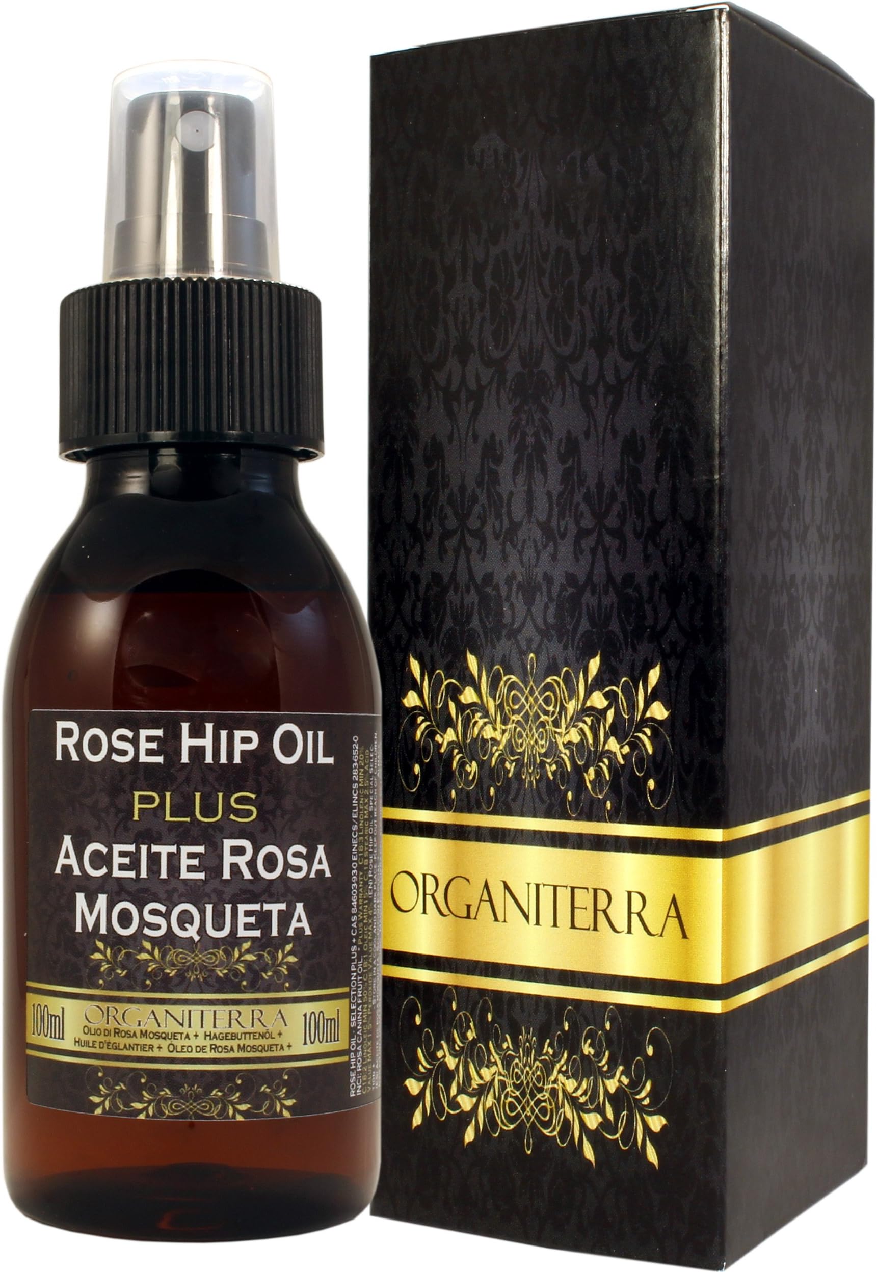Rosehip Oil Plus by Organiterra. Unique Rosehip Oil of Special Selection With Guaranteed Quality Parameters. Bottle 100 ml with Spray and Dropper.