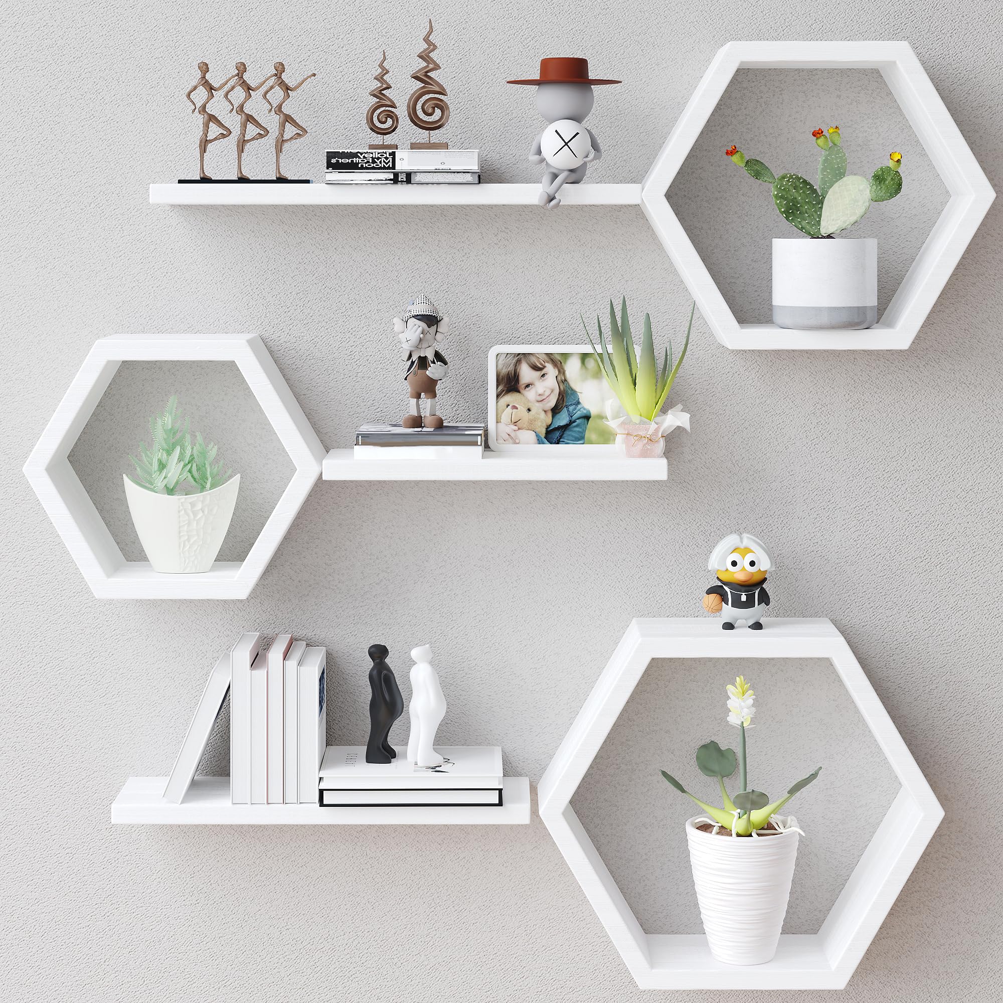 HOMION Mensole galleggianti da parete, esagonali, set di 3 pezzi, grandi, medie e piccole, viti e tasselli inclusi, mensole per camera da letto, soggiorno, roulotte, campeggio (bianco