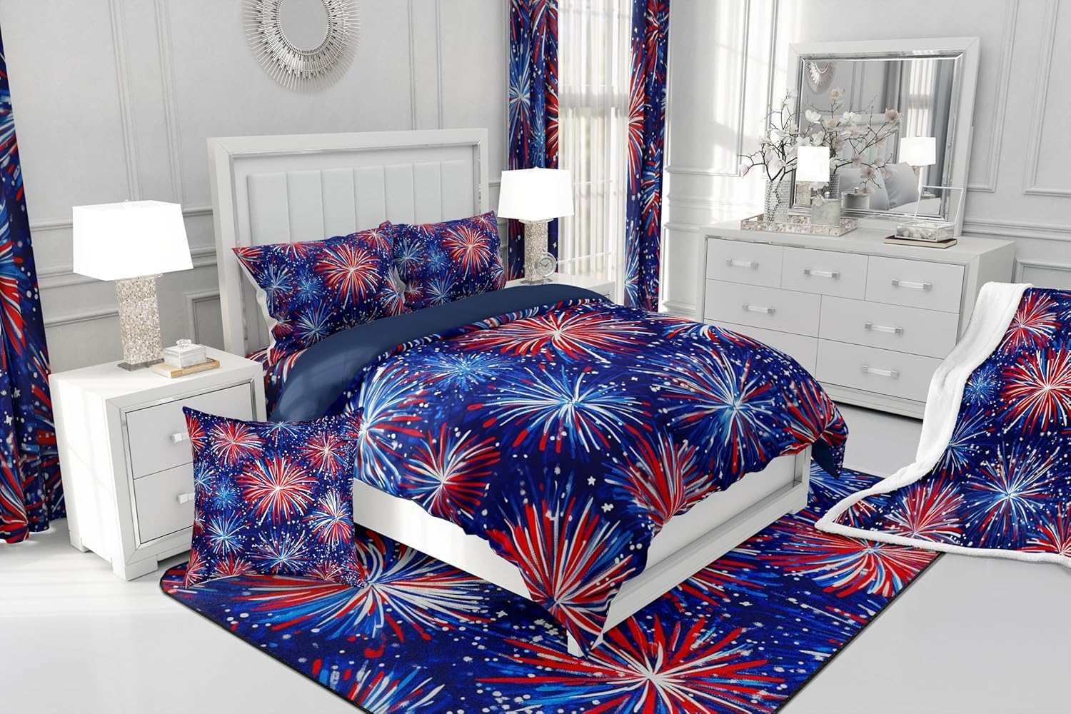 jejeloiu 4th of July Bedding Set King Size Kids Independence Day Comforter Cover for Boys Girls Teens Fireworks Duvet Cover Breathable Soft Lightweight Microfiber,No Comforter