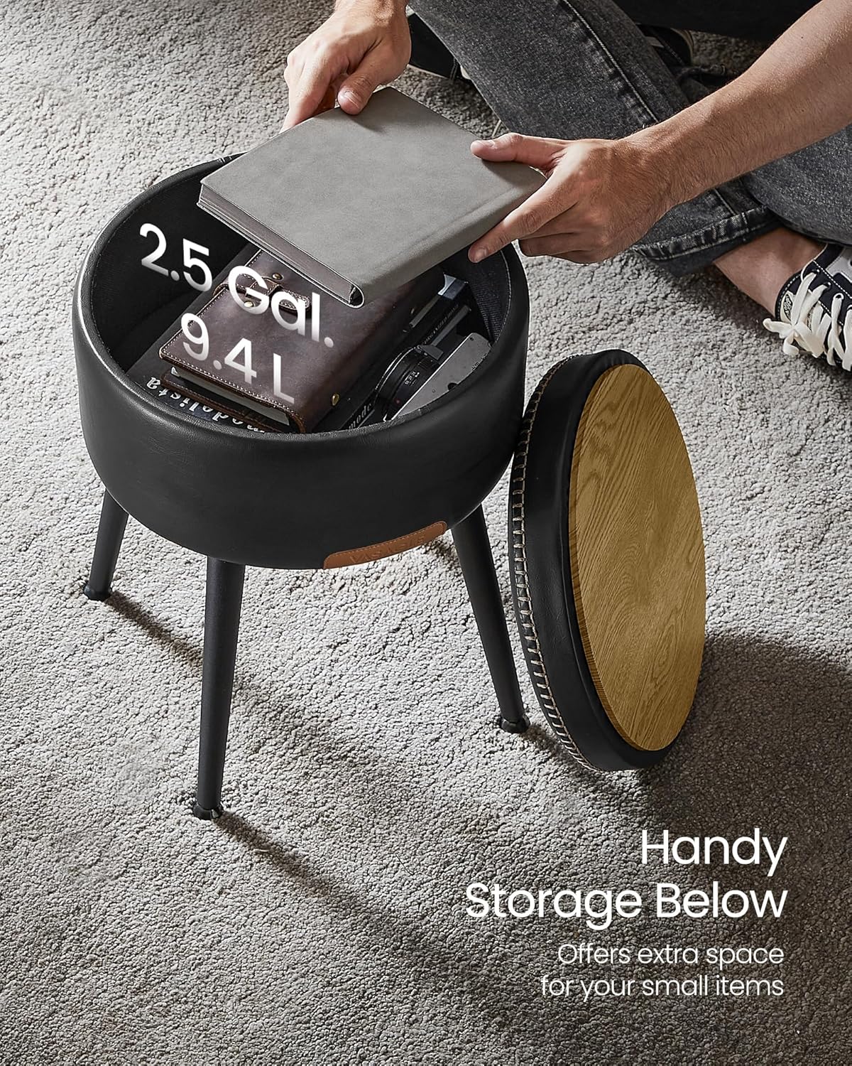 VASAGLE EKHO Collection - Storage Ottoman, Vanity Chair Stool, Synthetic Leather with Stitching, Mid-Century Modern, Round Storage Seat with Steel Legs, Loads 330 lb, Ink Black ULOM005B01 - Image 9