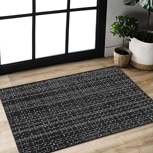Miniatura 2 de Alfombra de baño estilo bohemio, 2 x 3 pies, alfombra de algodón tejida a mano para entrada, reversible, lavable, alfombra estilo granja, color Negro