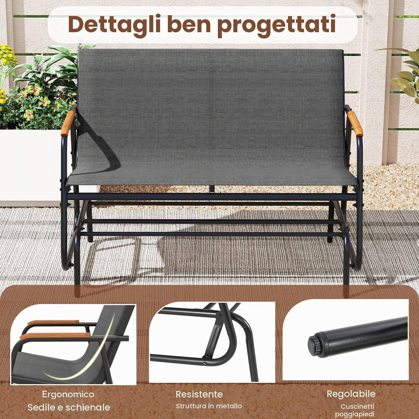 KOMFOTTEU Panca da giardino da 2/3 posti, in tessuto con braccioli curvi, panca per seduta fino a 300/450 kg, panca da giardino, balcone (74 x 115 x 84 cm)