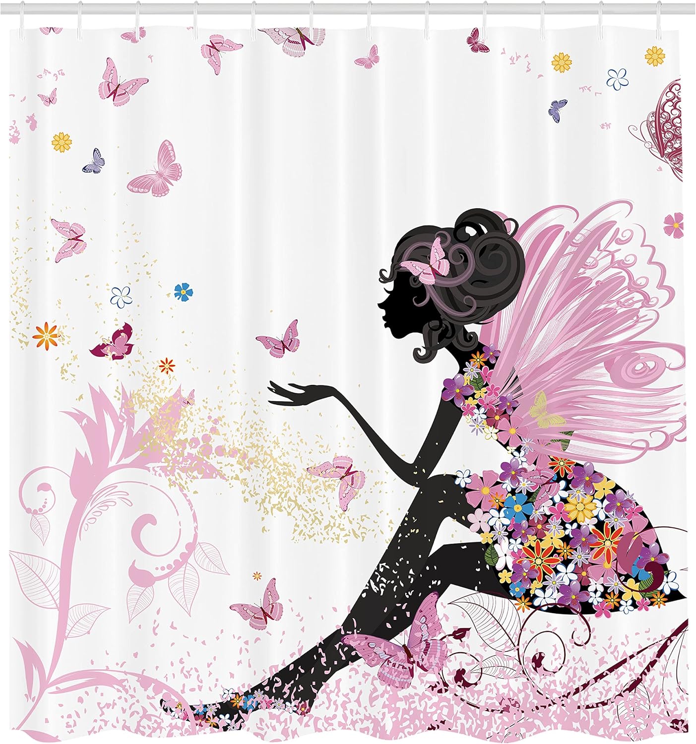 Ambesonne Fantasy Shower Curtain, Spring Girl Wings in a Floral Dress Surreal Garden Butterflies Print, Cloth Fabric Bathroom Decor Set with Hooks, 69" W x 75" L, Soft Pink