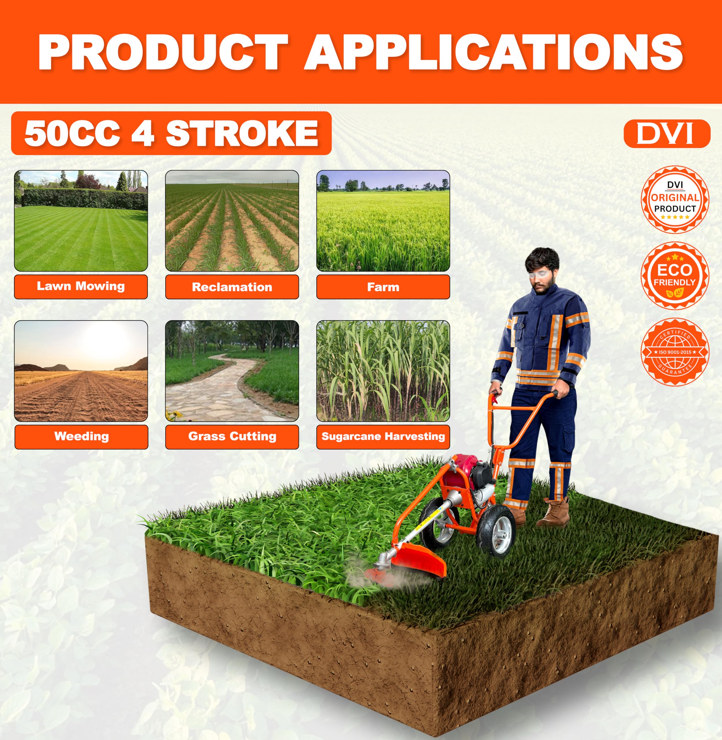 DVI 50CC 4 Stroke Trolley Brush Cutter| with Weeder Attachment | for Grass Trimming & Weeding/Cultivating/Tilling Come with 80T, 3T, 2T Blade & TAP N Go with Vertiller Attachment. - Image 4 thumbnail
