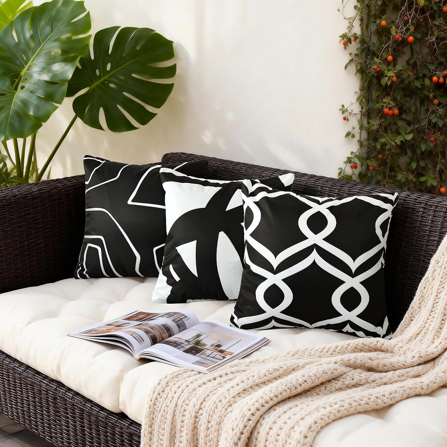 Abstract Lines Outdoor Waterproof Pillow Covers 18x18 Inch Set of 2, Black and White Striped Throw Pillow Cover, Modern Aesthetic Cushion Cases for Patio Garden Tent Balcony Couch Bed Sofa
