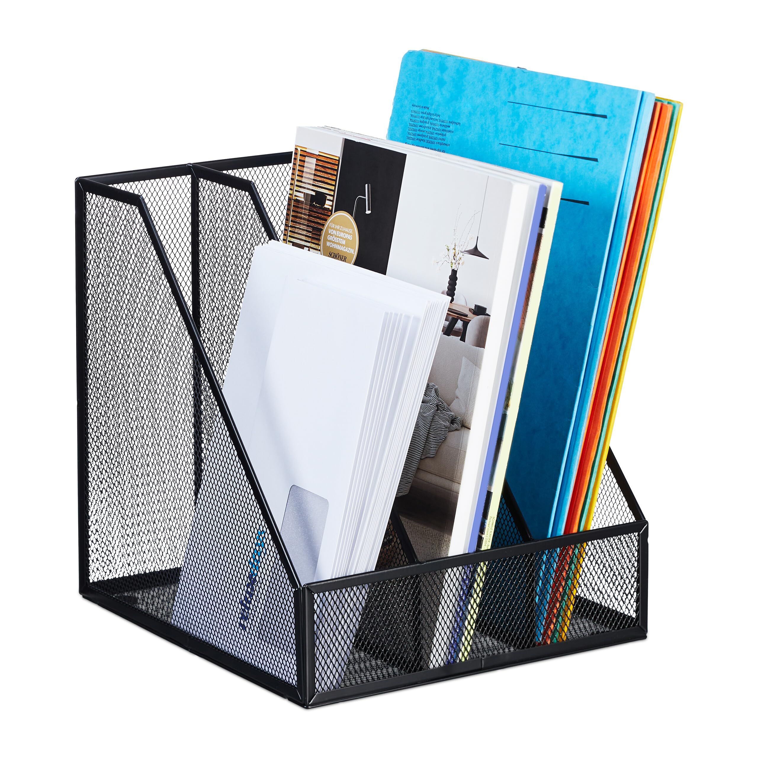 Relaxdays Range-​revues, 3 Compartiments, Format A4, Design Maille, HLP 26x24x26 cm, Bureau/​télétravail, métal, Noir