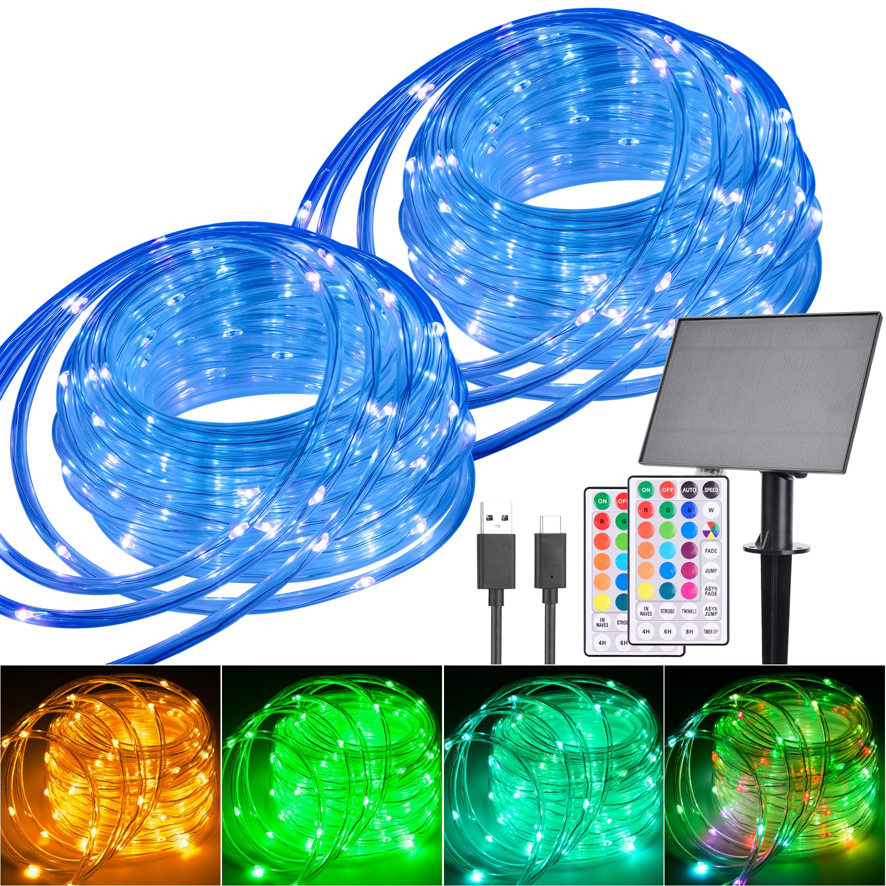 Nazuwke Cuerda de luces solares de 99 pies para exteriores, impermeable, 300 luces LED USB y energía solar con control remoto, 18 colores cambiantes, iluminación de tubo de hadas para exteriores
