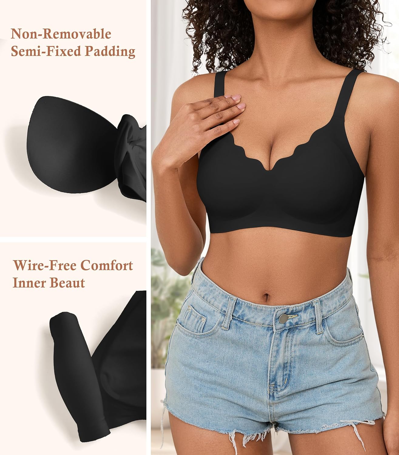 POSESHE Women Comfortable Wireless Bras Push Up Seamless Bralettes Soft V Neck Scalloped Full Coverage Everyday Bra - Image 2