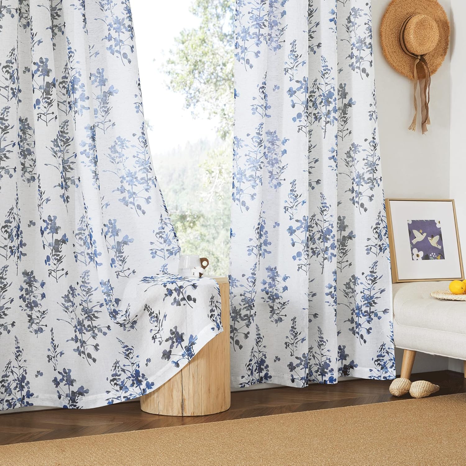 KGORGE Linen Sheer Curtains Floral Drapes, Vivid Watercolor Foliage Paint Draperies Light Filtering Energy Effienct for Farmhouse Kitchen, Bedroom, Bathroom, Cafe, W 52 X L 63 inch, 1 Pair, Blue