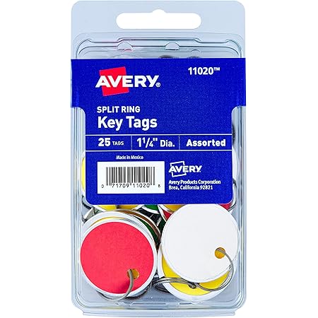 Avery Paper Key Tags, Metal Rim, Split Ring, Assorted Colors, 1-1/4" Diameter, Pack of 25 (11020)