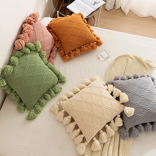 Miniatura 5 de NIDITW Juego de 2 fundas de almohada ultra suaves de punto con textura geométrica bohemia con borlas hechas a mano con borlas hechas a mano, funda