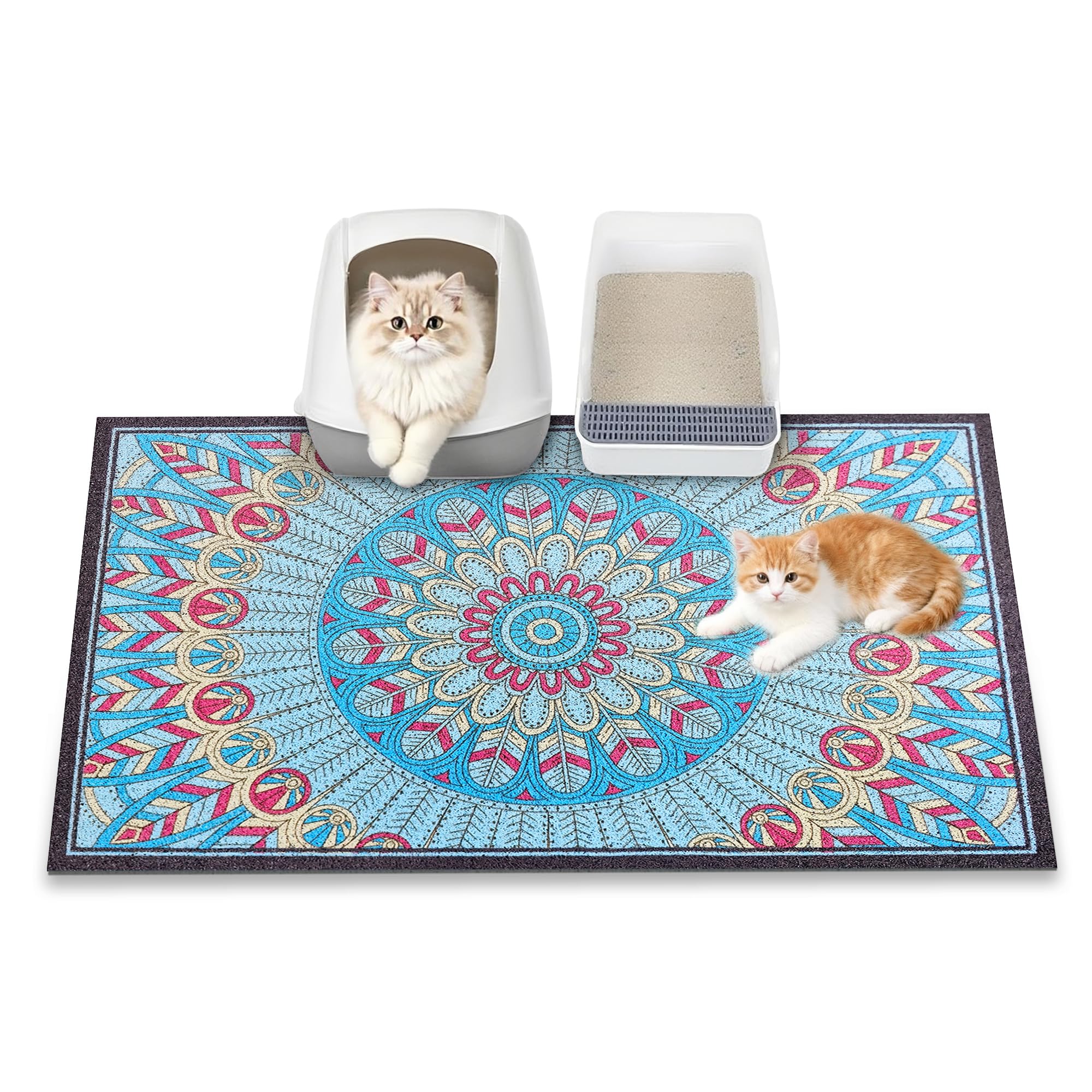 YOSEPATI Cat Litter Mat, 89 x 58cm litter box mat, Traps 100% Litter, Non-Slip kitty litter trapping mats, Large cute litter mat, Easy Clean for Scatter Control, Bohe cat food mat, Urine Waterproof