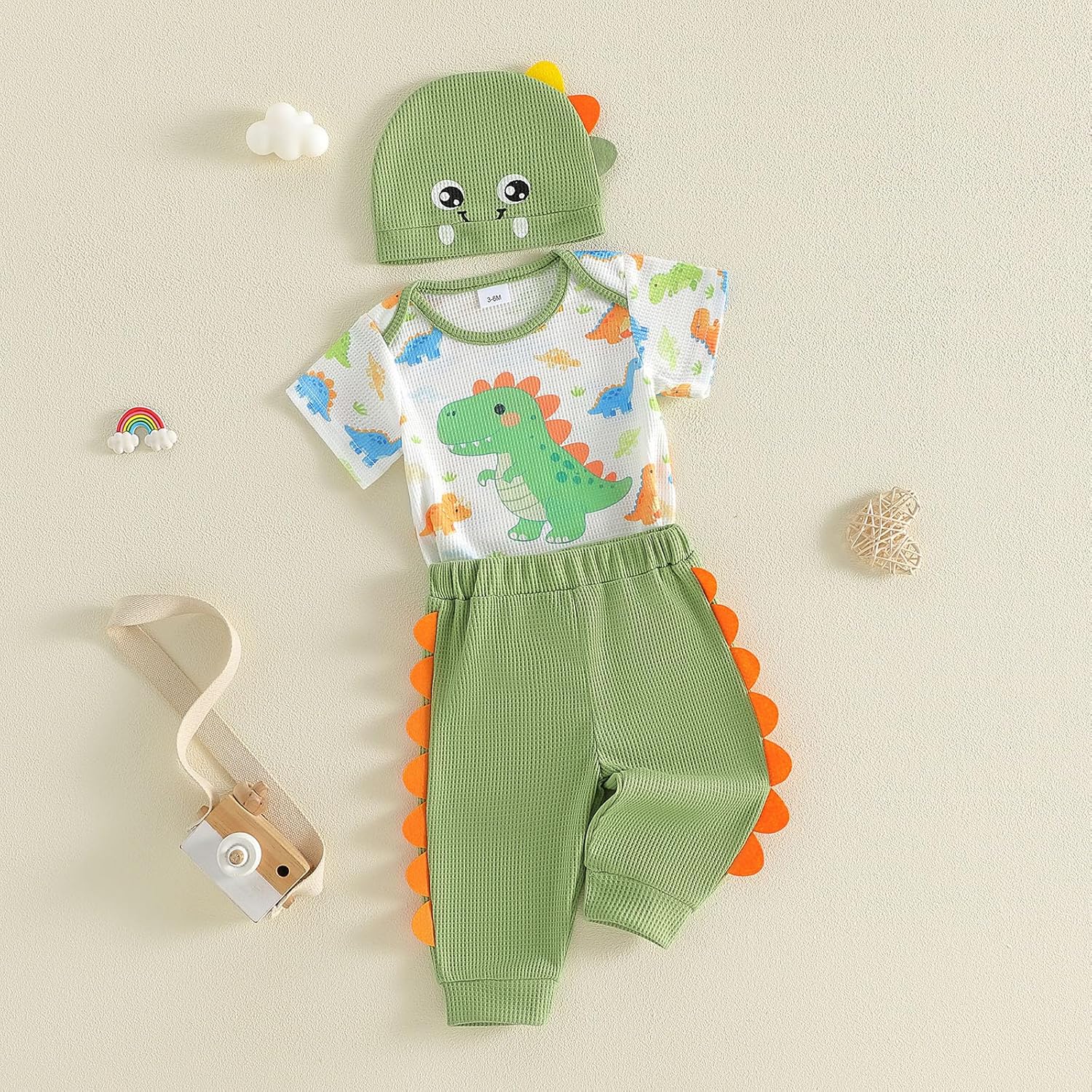 Lamuusaa Newborn Baby Boy Clothes 0 3 6 12 18 Months Short Sleeve Dinosaur Romper Waffle Long Pants Hat Summer Outfit - Image 6