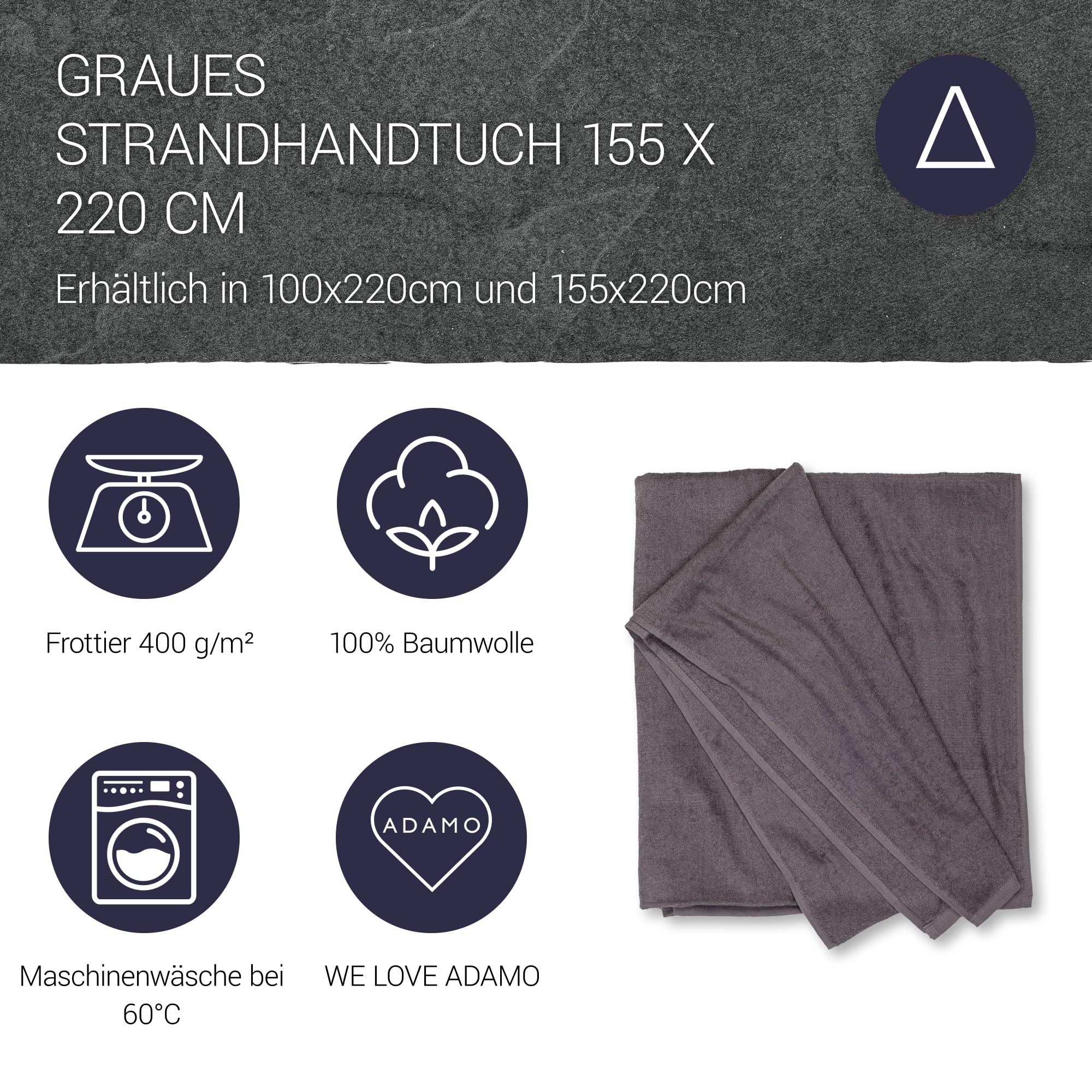 Kapart Strandtuch XXL 100% Baumwolle, 100x200 cm oder 155x220cm, I XXL Saunahandtuch I Badetuch in Übergröße I Duschhandtuch, Badehandtuch & Saunatuch (155x220, 710 Grau)