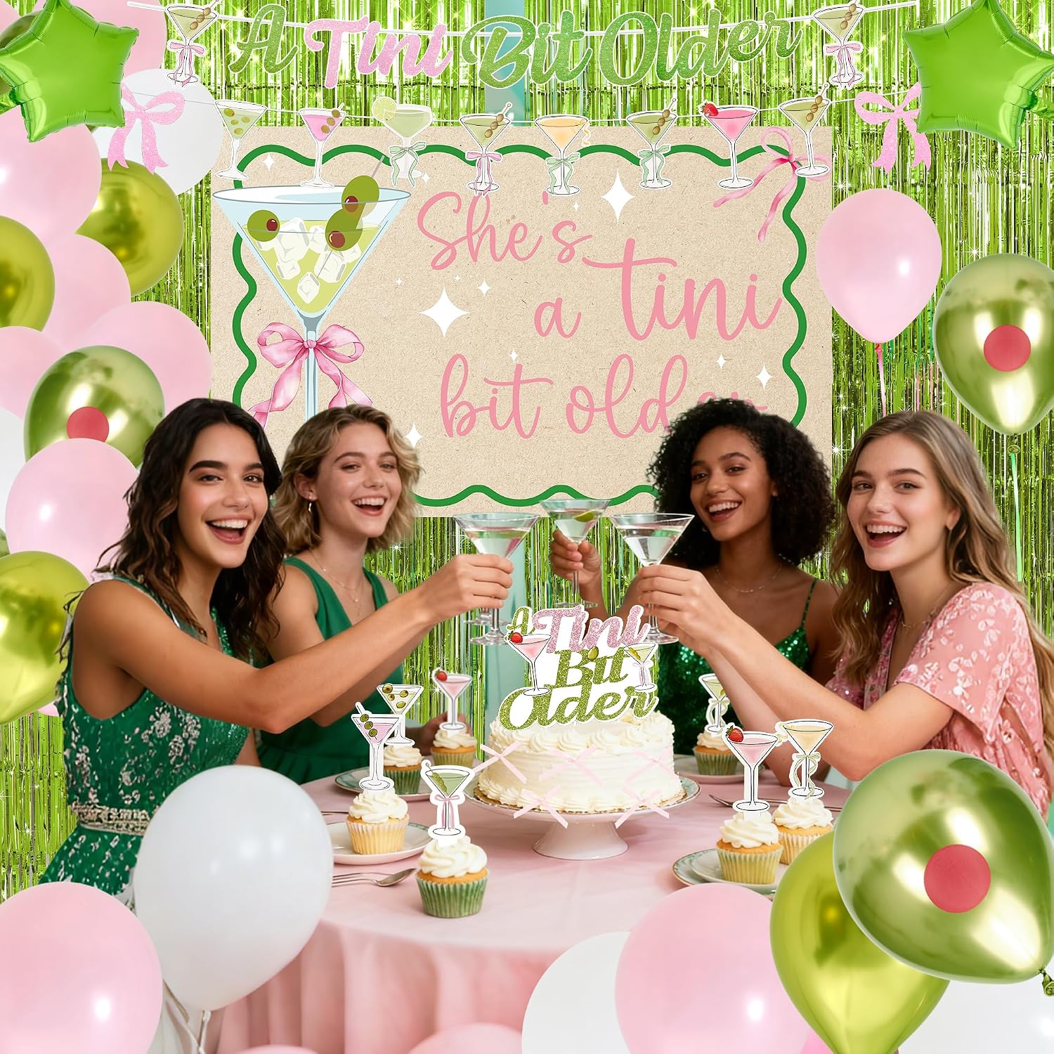 A Tini Bit Older Birthday Decorations Green Pink Martini Party Supplies Set | Glitter Banner Sash Balloons Cake Toppers Bow Fringe Curtain Martini Backdrop for Women Birthday & Bachelorette Parties