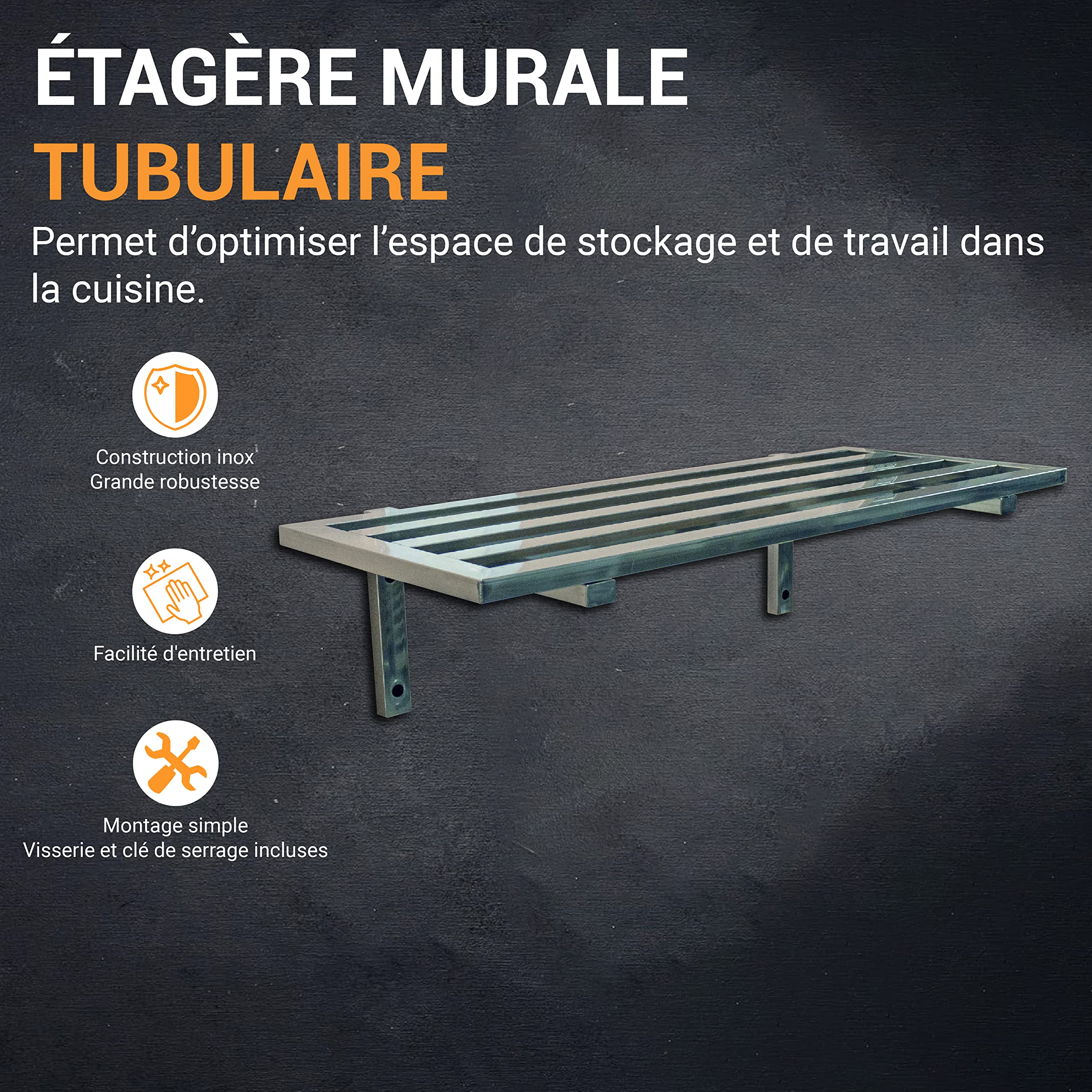 L2G - Etagère Murale Tubulaire - Construction INOX - sans Dosseret - Plateau + Consoles en Tubes Carrés 25 x 25 mm - L.1000 mm x l.400 mm - Hauteur Totale 250 mm