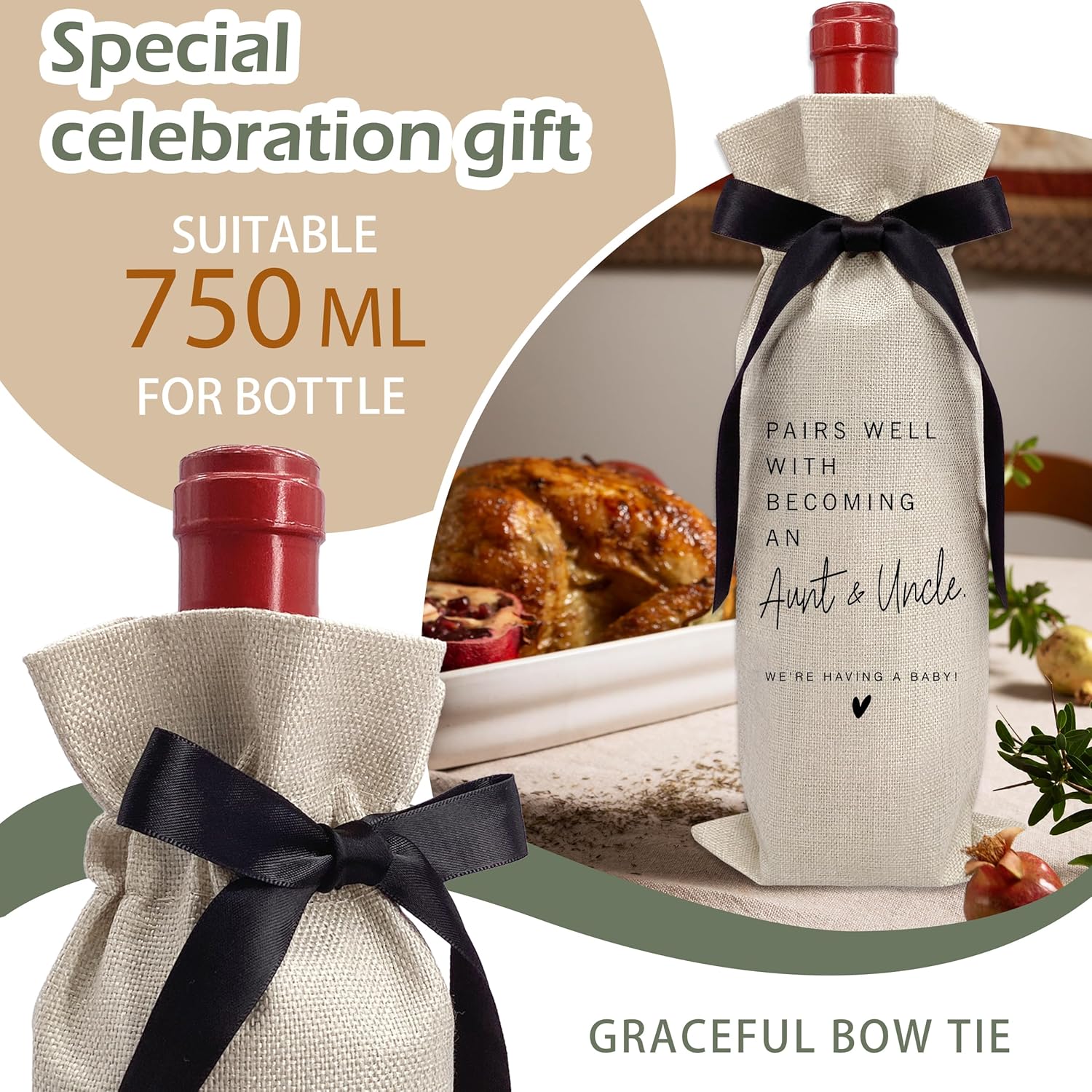 Black Bow Ribbon Pregnancy Announcement Wine Bag - Gifts for Grandparents Aunt Uncle Parents New Mom Dad Pairs Well With Becoming an Aunt Uncle for Baby Pregnancy Reveal Baby Shower Party - A35 - Image 5