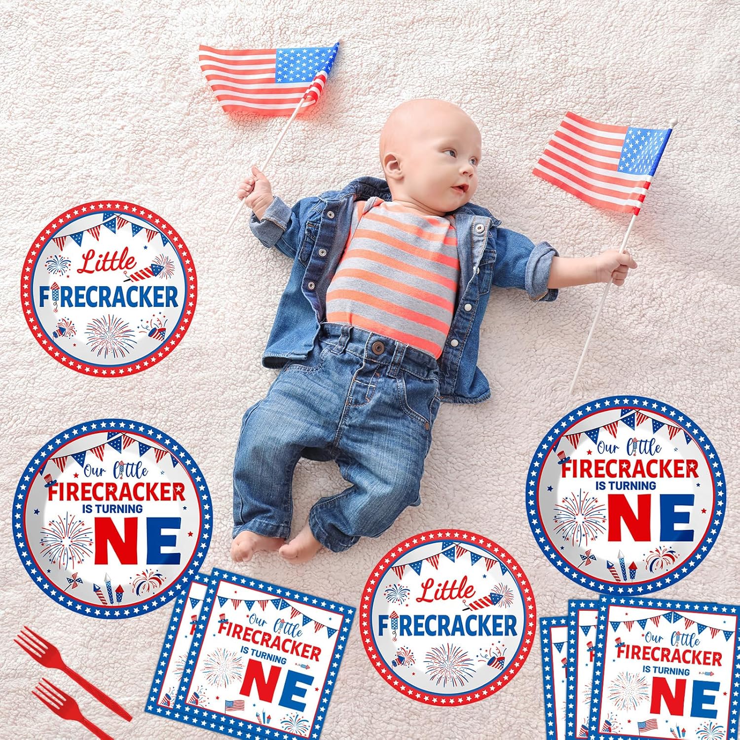 gisgfim 96Pcs Little Firecracker First Birthday Plates and Napkins Party Supplies 4th of July Party Tableware Set Independence Day Patriotic Paper Dinner Birthday Decorations Favors for 24 Guests