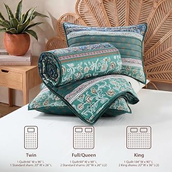 Boho King Quilt Bedding Set, 3 Pieces Soft Bedspread, Green