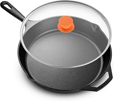 LEGEND COOKWARE | Cast Iron Skillet with Lid | Large 12” Frying Pan with Glass Lid &amp; Silicone Han...