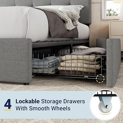 Miniatura 5 de Allewie Base de cama tapizada de tamaño Queen con 4 cajones de almacenamiento y cabecero base de colchón copetuda con botón cosido cuadrado con Gris