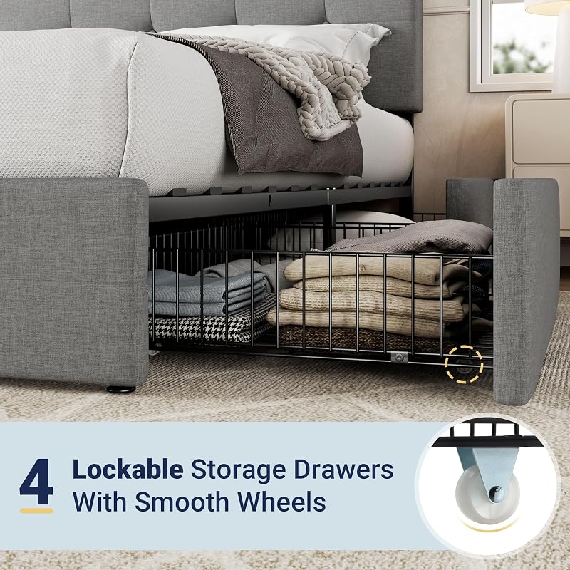 Allewie Full Size Storage Bed Frame with 4 Underbed Drawers, Upholstered Platform Bed with Adjustable Headboard, Square Button Tufted, Easy Assembly, Noise-Free, No Box Spring Needed, Light Grey image 5