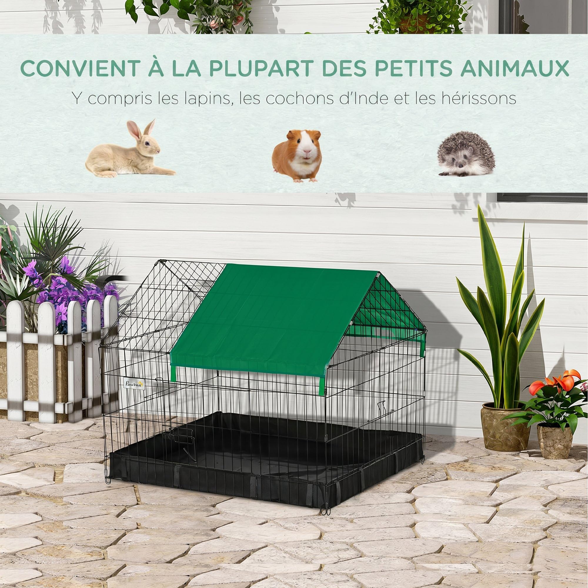 PawHut Cage enclos Lapins Petits Animaux rongeurs Intérieur ou Extérieurs - Parc Clapier à Lapin - Bache Protection Inclus - 90 x 75 x 75 cm