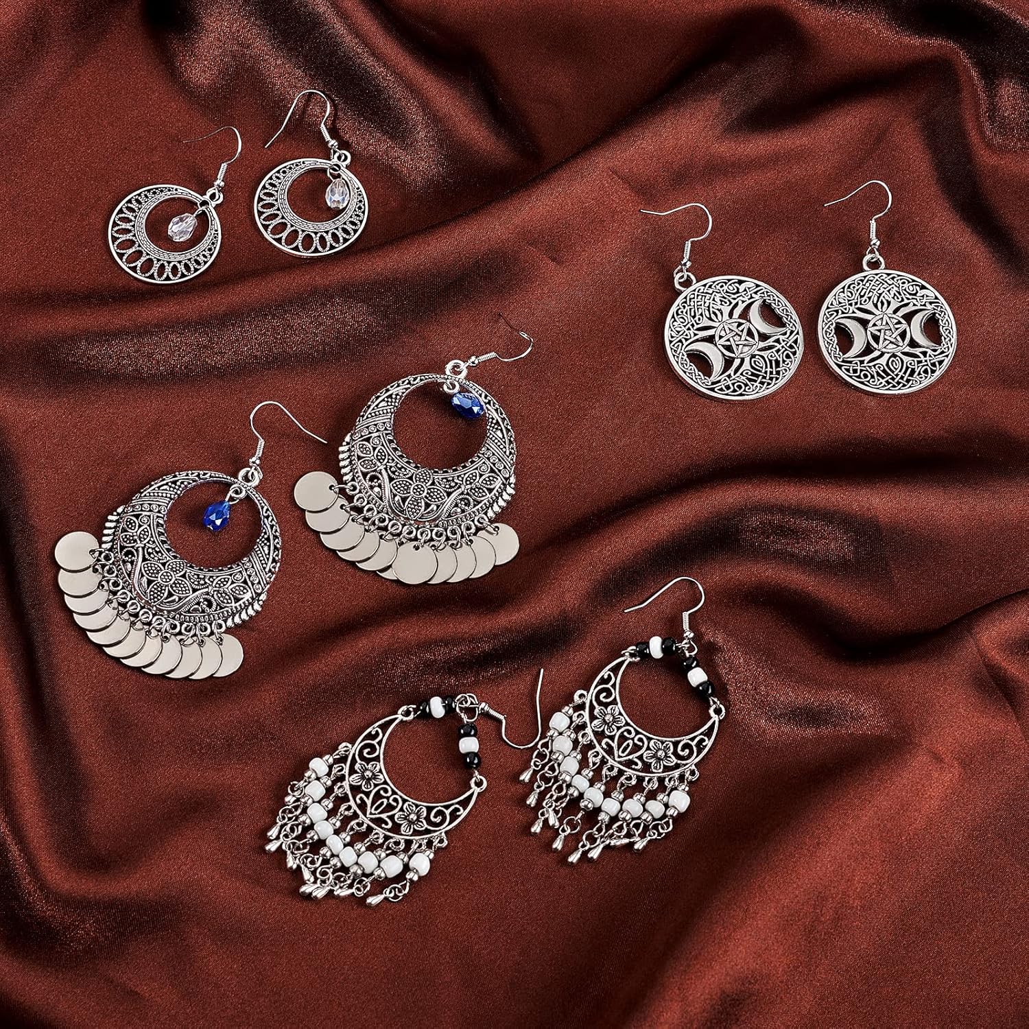 Ornaland 4 Pair 4 Style Bohemian Chandelier Coin Dangle Earrings for Women Vintage Gypsy Lightweight Filigree Disc Charm Drop Earrings Vintage Jewelry Gifts for Women - Image 4