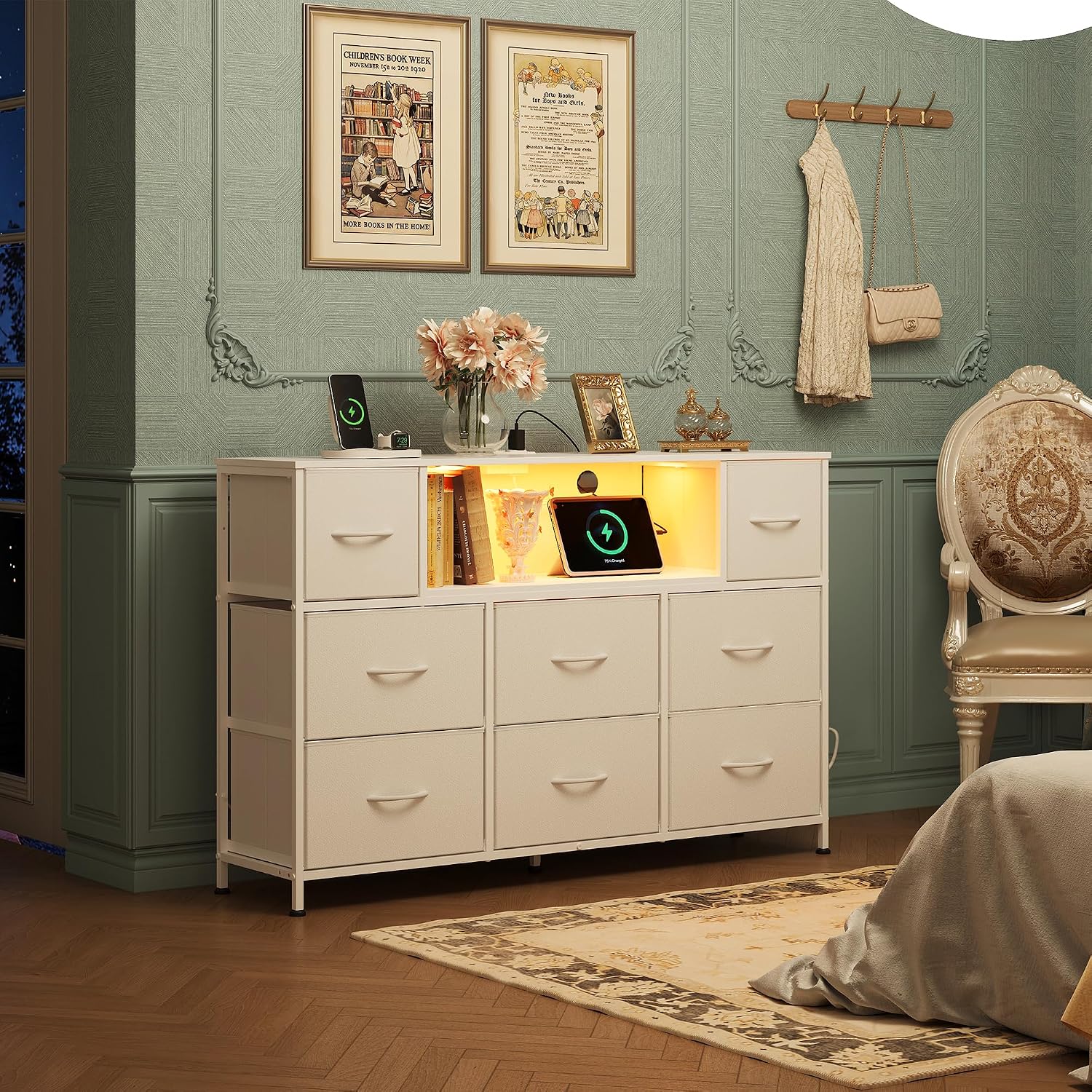 WLIVE Chest of Drawers, 8 Fabric Drawers, Drawer Chest with Sockets, Versatile Drawer Chest of Drawers for Bedroom and Living Room, with Sturdy Steel Frame and Wooden Top, 120 x 30 x 79 cm (White)