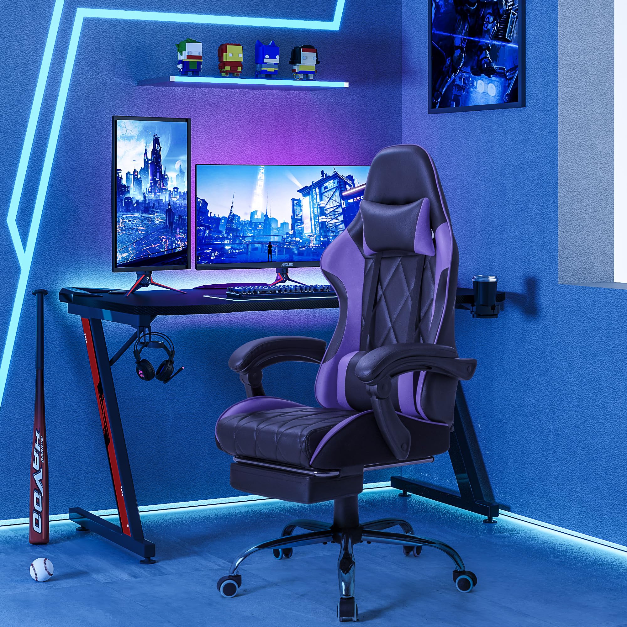 Homall Gaming Chair, Computer Chair with Footrest and Massage Lumbar Support, Ergonomic High Back Video Game Chair with Swivel Seat and Headrest (Purple)