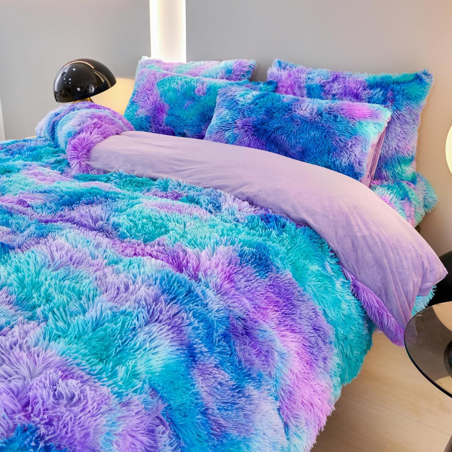 RYNGHIPY Shaggy Bedding Set for Girls Bluey Purple Tie Dye Faux Fur Duvet Cover Set Twin Size Fluffy Plush Velvet Comforter Cover Pillowcases (Blue Purple,Twin) - Image 4