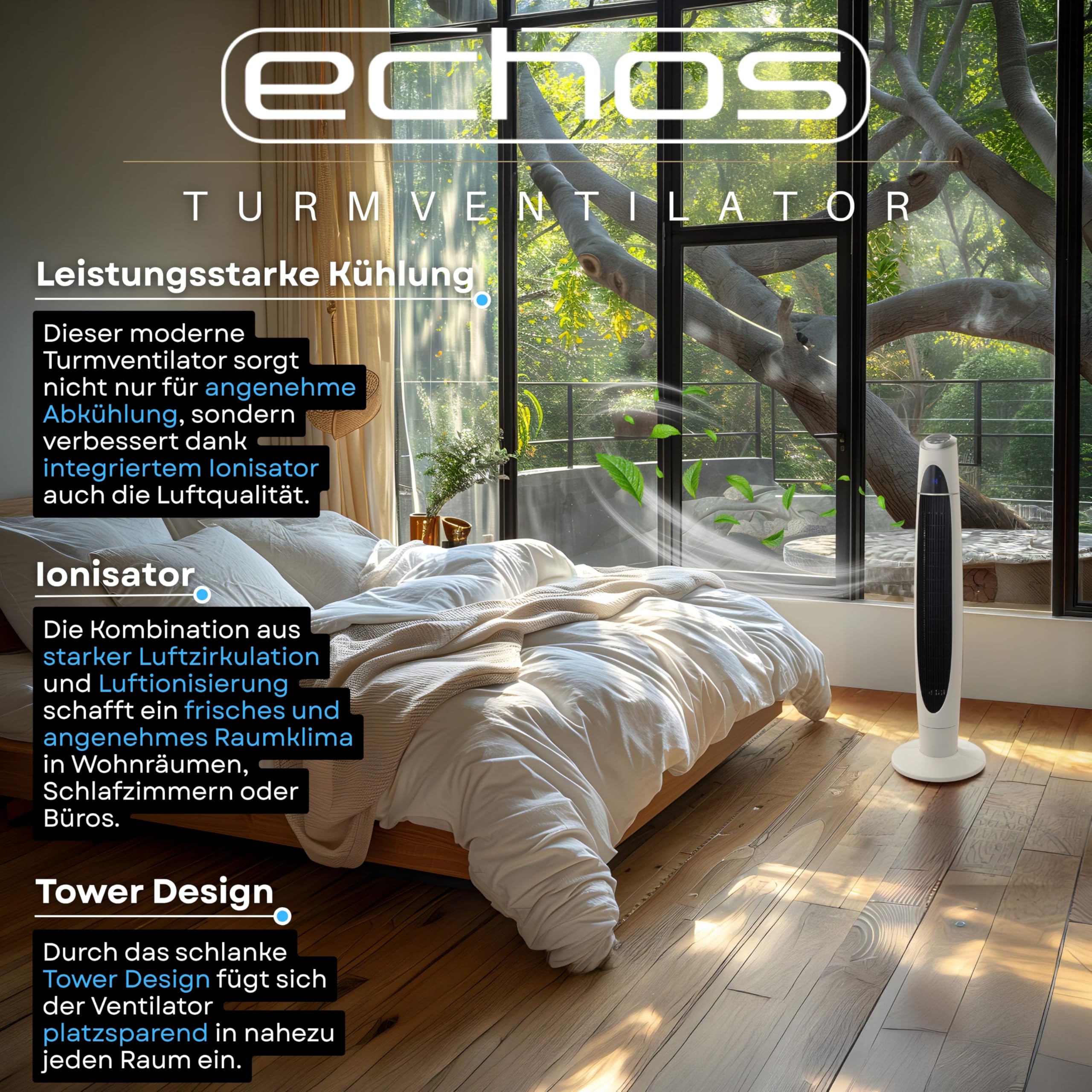 Echos Turmventilator | Ventilator sehr leise | Fernbedienung | Oszillierend | LED-Display | 3 Stufen | Tower Fan | Säulenventilator | Standventilator | Tower-Ventilator | Luftkühler (Schwarz/Weiß)