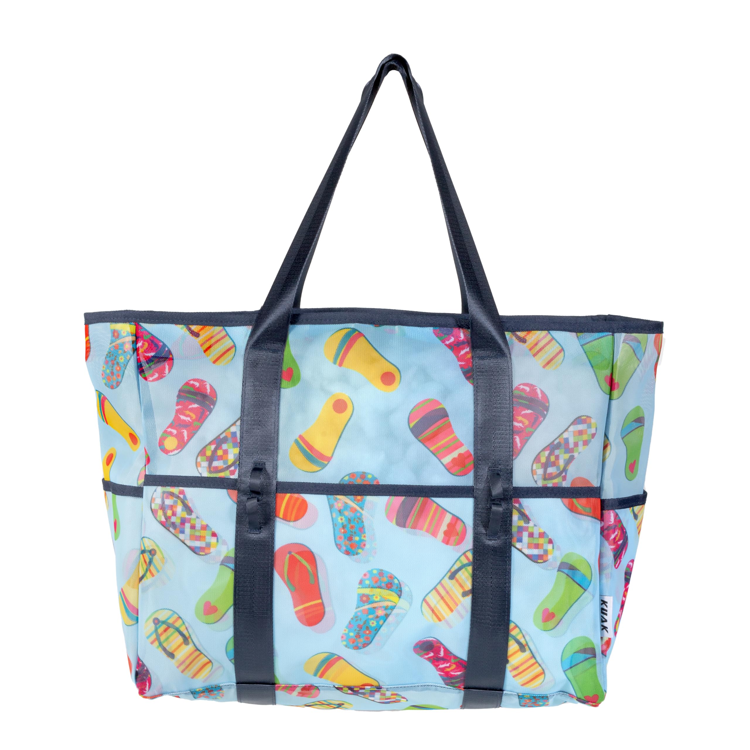 KUAK Mesh Beach Bag, Large Beach Tote with Top Zipper, 9 Pockets, Inner Waterproof Pocket for Family Pool Vacation Essentials