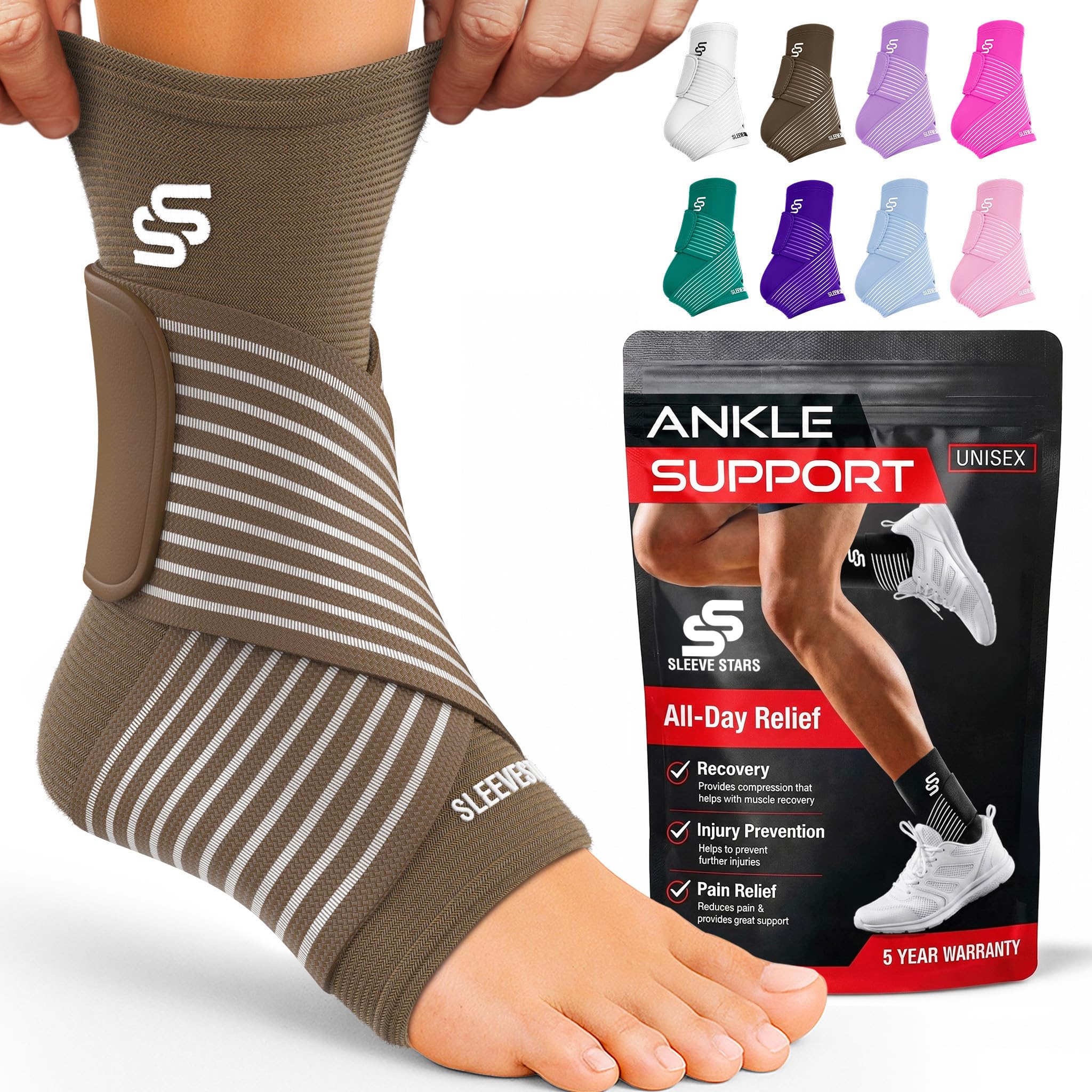 Sleeve Stars Ankle Brace Men &amp; Women Support (Pair/M:10"-12"/Mocha Brown)