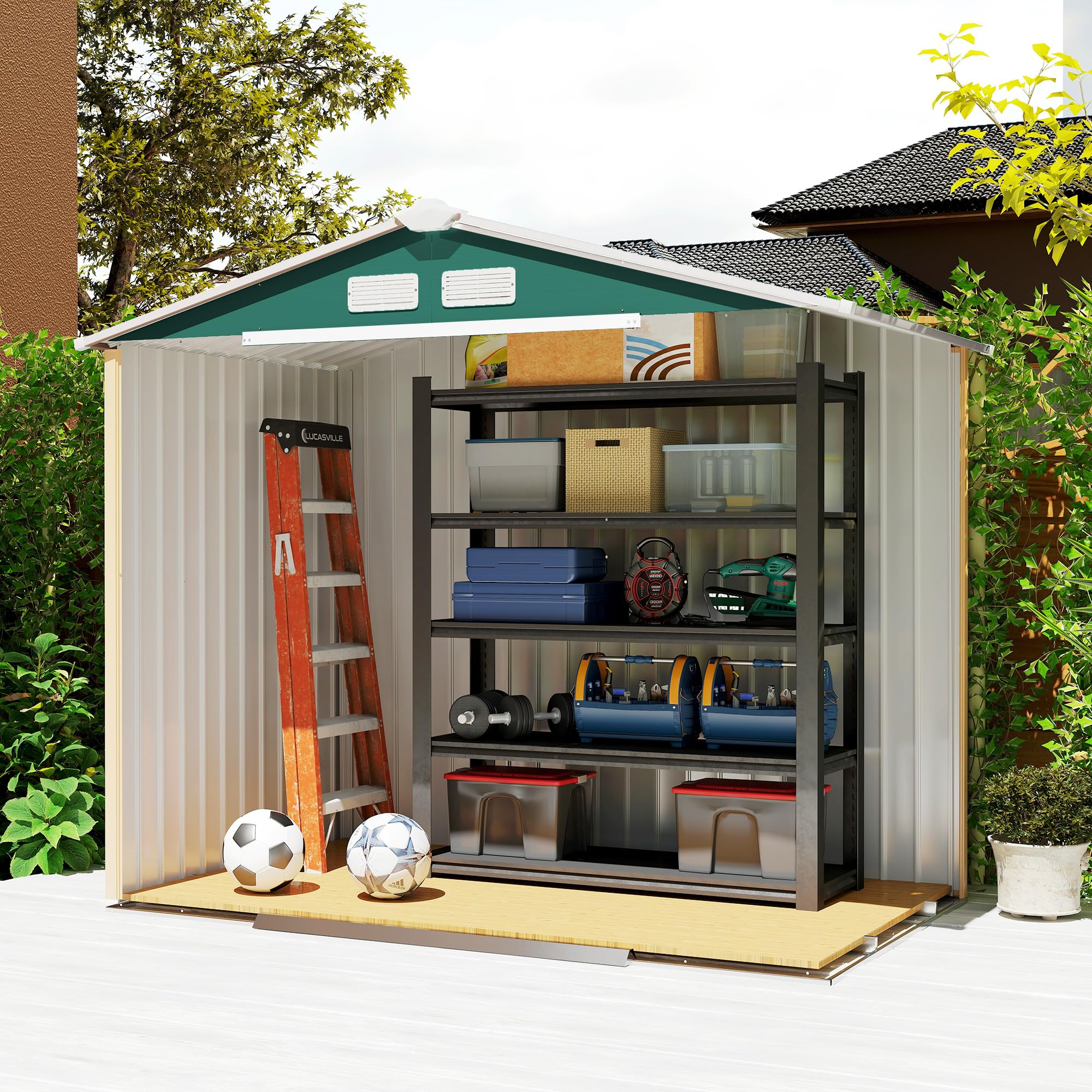 Outsunny Caseta de Jardín Exterior, 2,5 m² 213x130x185 cm, Cobertizo de Jardín Exterior Metálico con 2 Puertas Correderas, Base Refuerzo (Suelo NO Incluido) y 4 Ventanas, Verde Oscuro — view 9