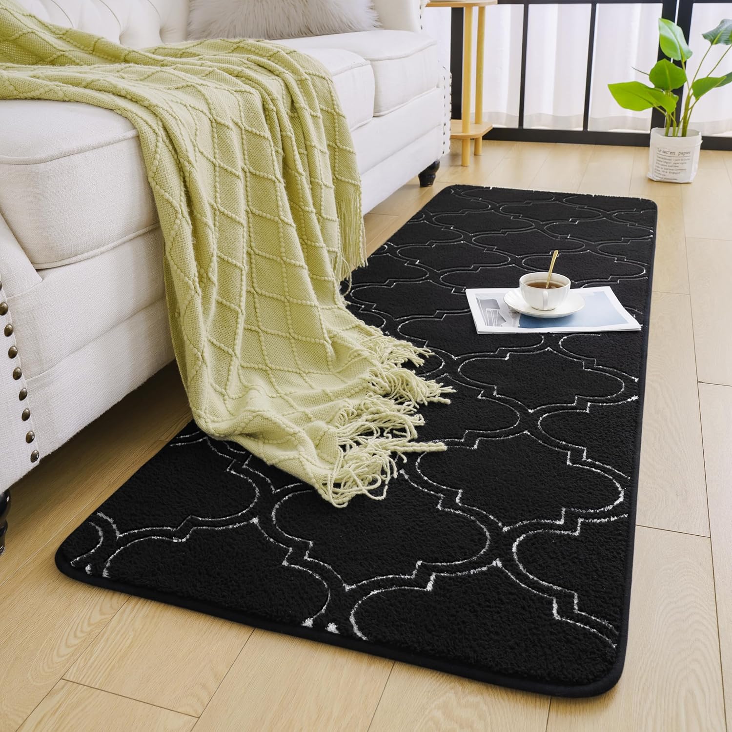 Chicrug Shag Geometric Modern Runner Rug for Bedroom, 2x6 Feet Memory Foam Indoor Hallway Runner Carpet, Fluffy Rug for Living Room Bedside Room Decor for Family, Black/White