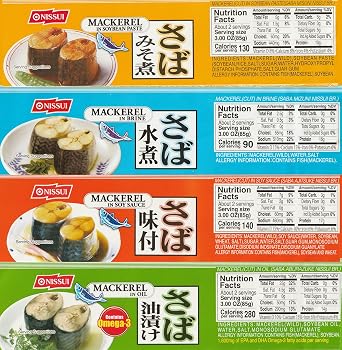 Nissui Canned Mackerel Sampler Pack | Ajitsuke Soy Sauce, Misoni Soybean Paste, Mizuni Brine, Aburazuke Oil | 6.7 Oz Each