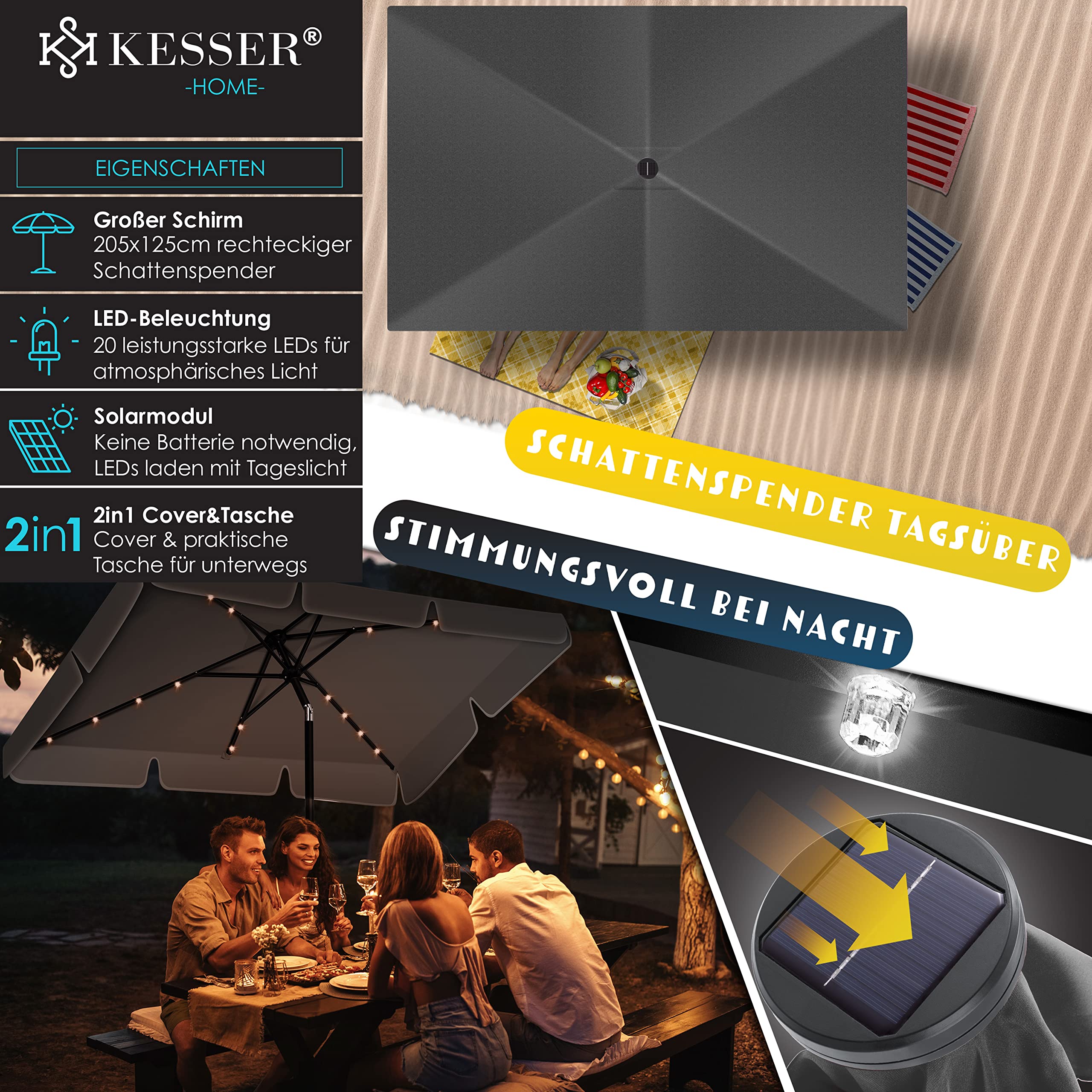 KESSER® Sombrilla Parasol Rectangular LED Solar con Manivela Incluye Funda 2 en 1 Bolsa de Transporte | Sombrilla para Balcón Jardín y Terraza Ajustable y Inclinable