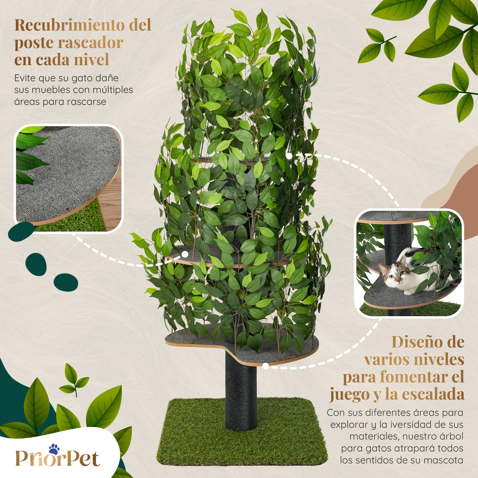 Árbol para Gatos para trepar, esconderse y Dormir - Rascador Patentado para Gatos con Hojas Intercambiables - Múltiples Niveles, fácil Montaje - Materiales Aptos para Mascotas, diseño Duradero