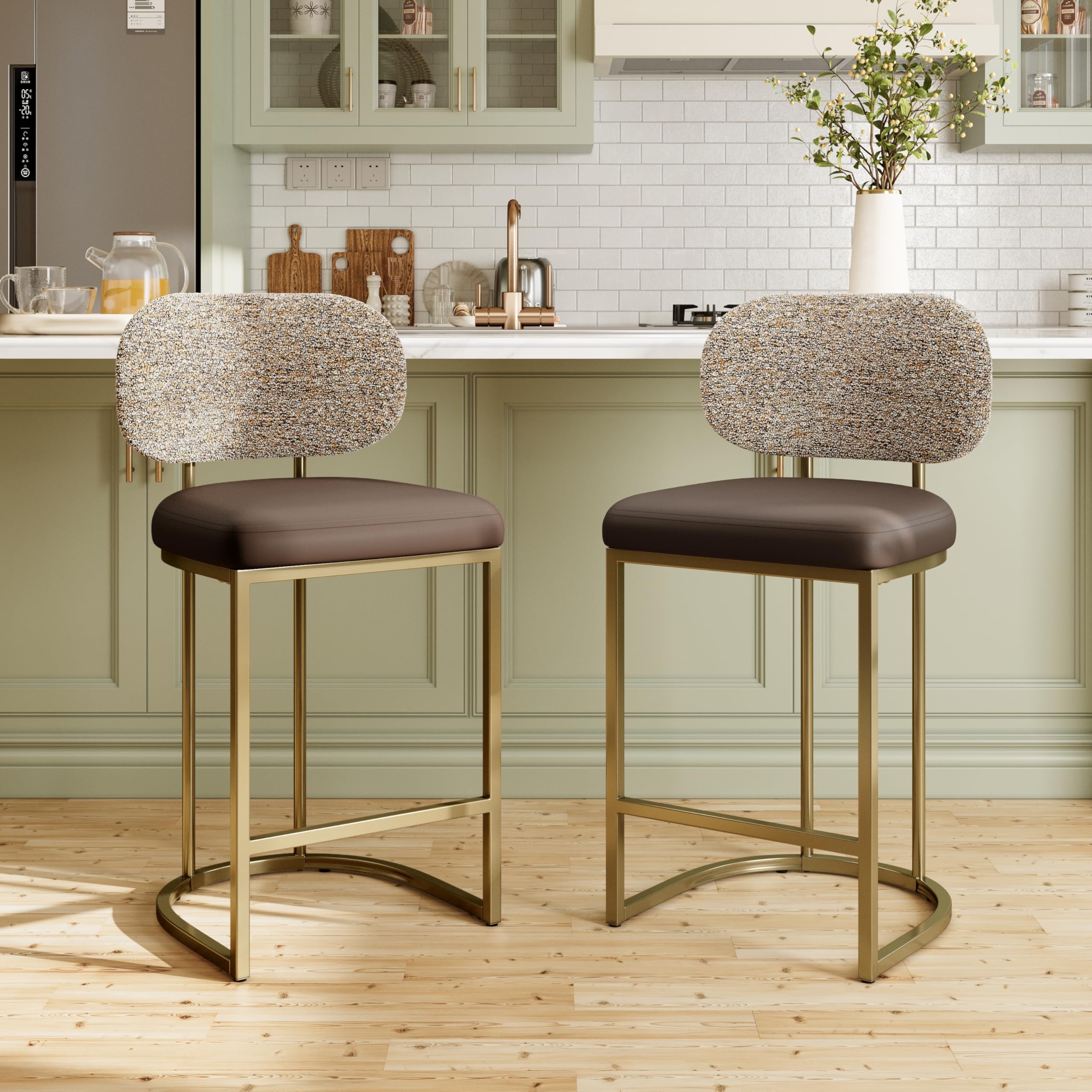 MAISON ARTS 24'' Bar Stools Set of 2, Counter Height Barstools with Backs, Modern Bar Chairs with Gold Metal Legs for Kitchen Island Dining Room, PU Leather Upholstered Stools, Taupe