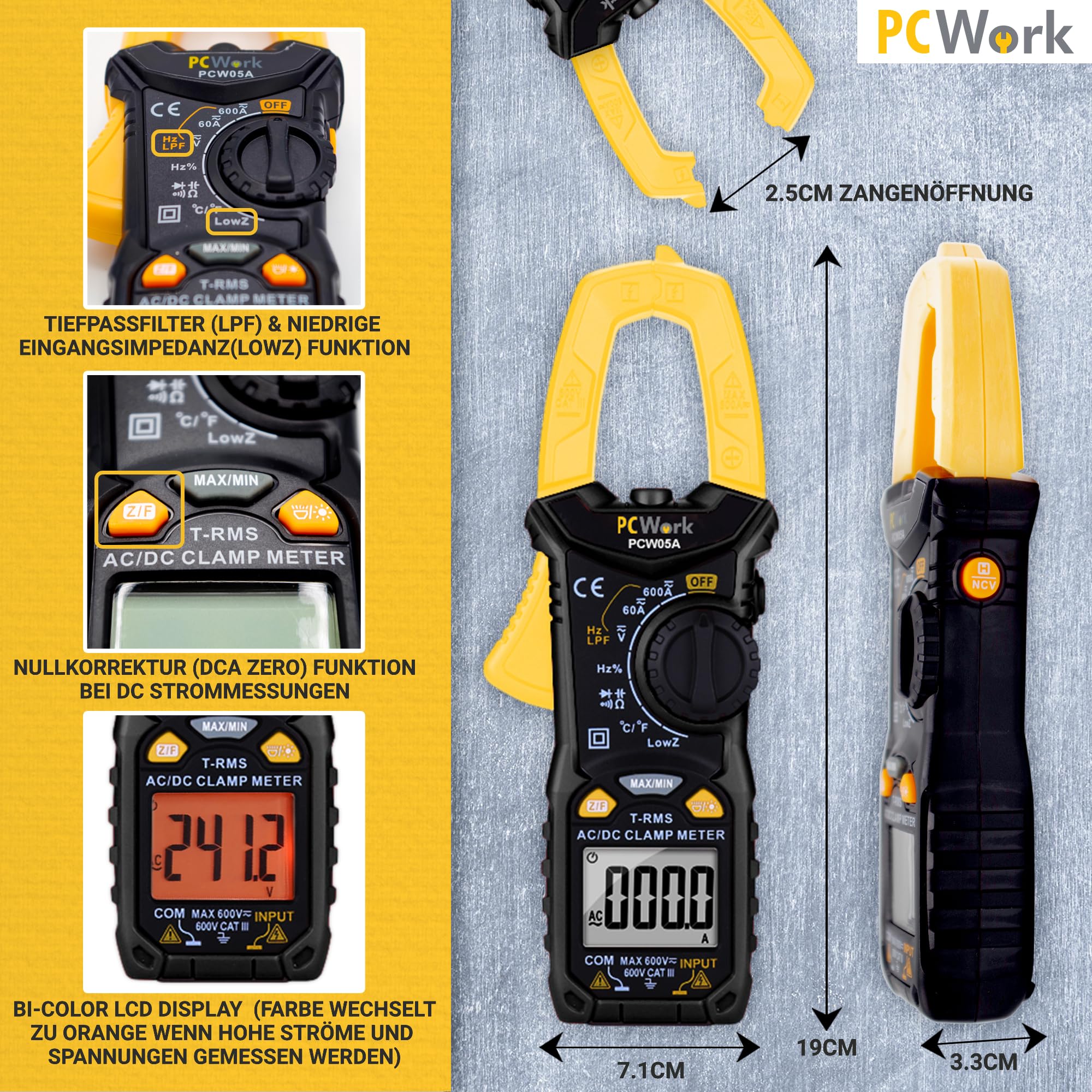 Pince ampèremétrique professionnelle AC DC PCW05A, TRUE RMS multimètre 600 A, multimètre numérique AUTO RANGE, écran LCD bicolore 6000 points, ampèremètre, testeur de continuité