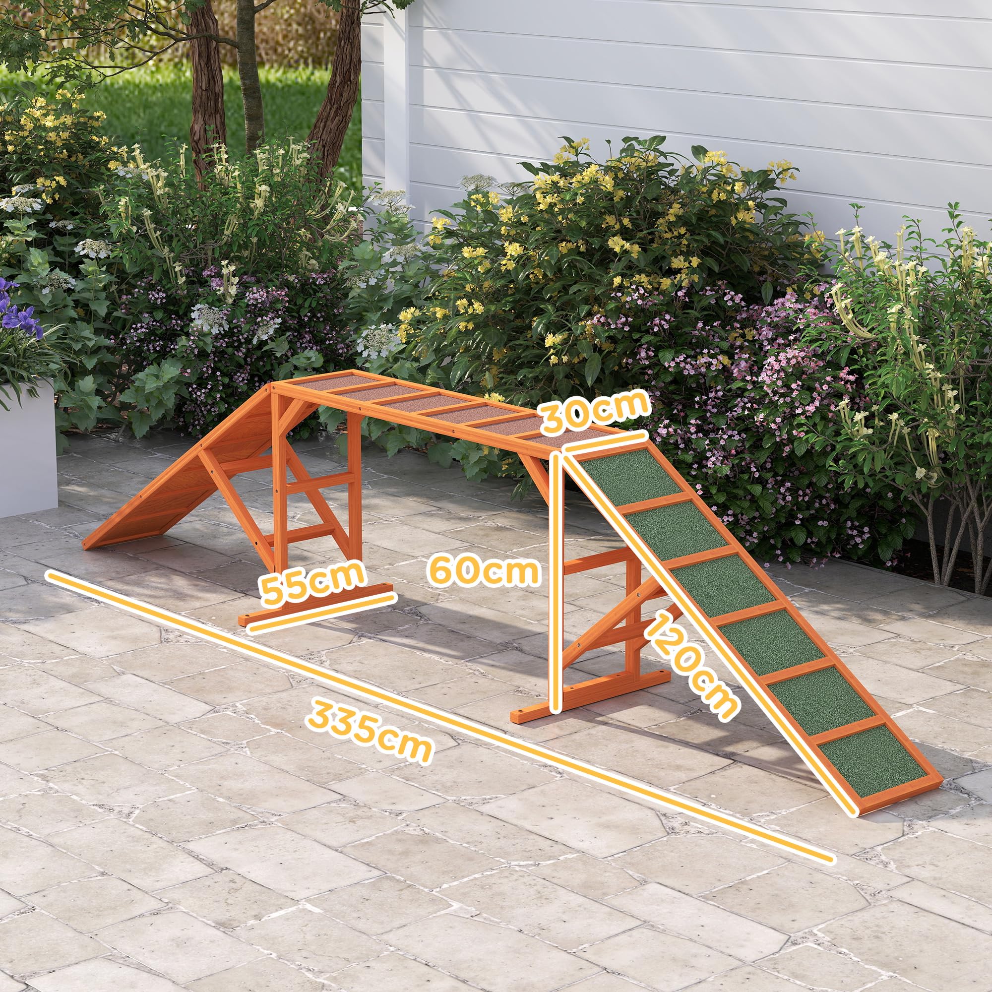 PawHut Hunde Agility Steg Agility-Ausrüstung für Hunde mit Sicherheitsstange Rutschfester Oberfläche wetterfest Agility-Gerät als Laufsteg & Trainingsequipment bis 40 kg für Garten 335x55x60cm Orange
