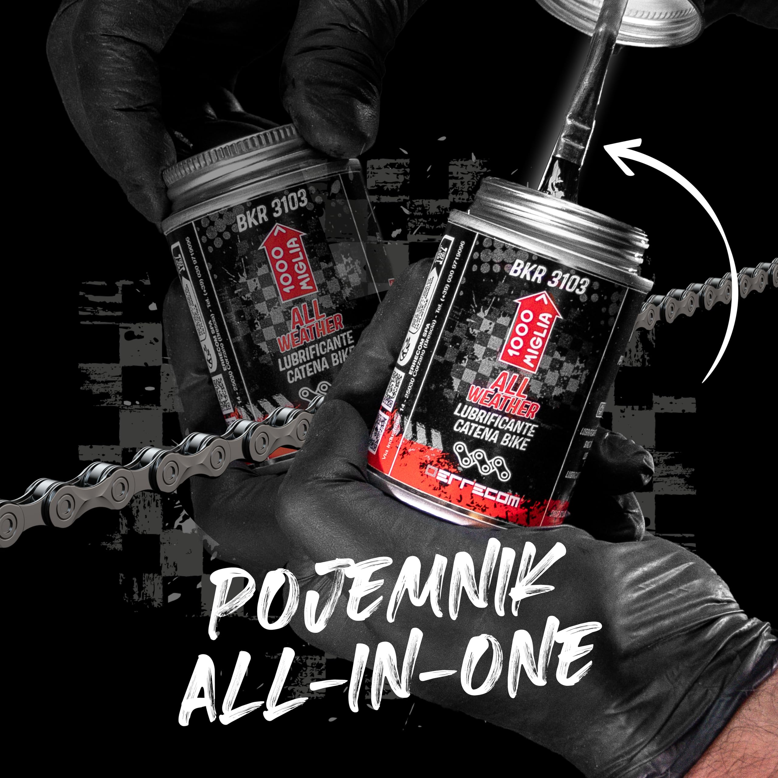 1000 Miglia BKR 3103 Smar do łańcucha Rowerowego All Weather – 120 ml, Na Każdą Porę Roku i w Każdych Warunkach Pogodowych, Pojemnik All-In-One, Pędzel w zestawie