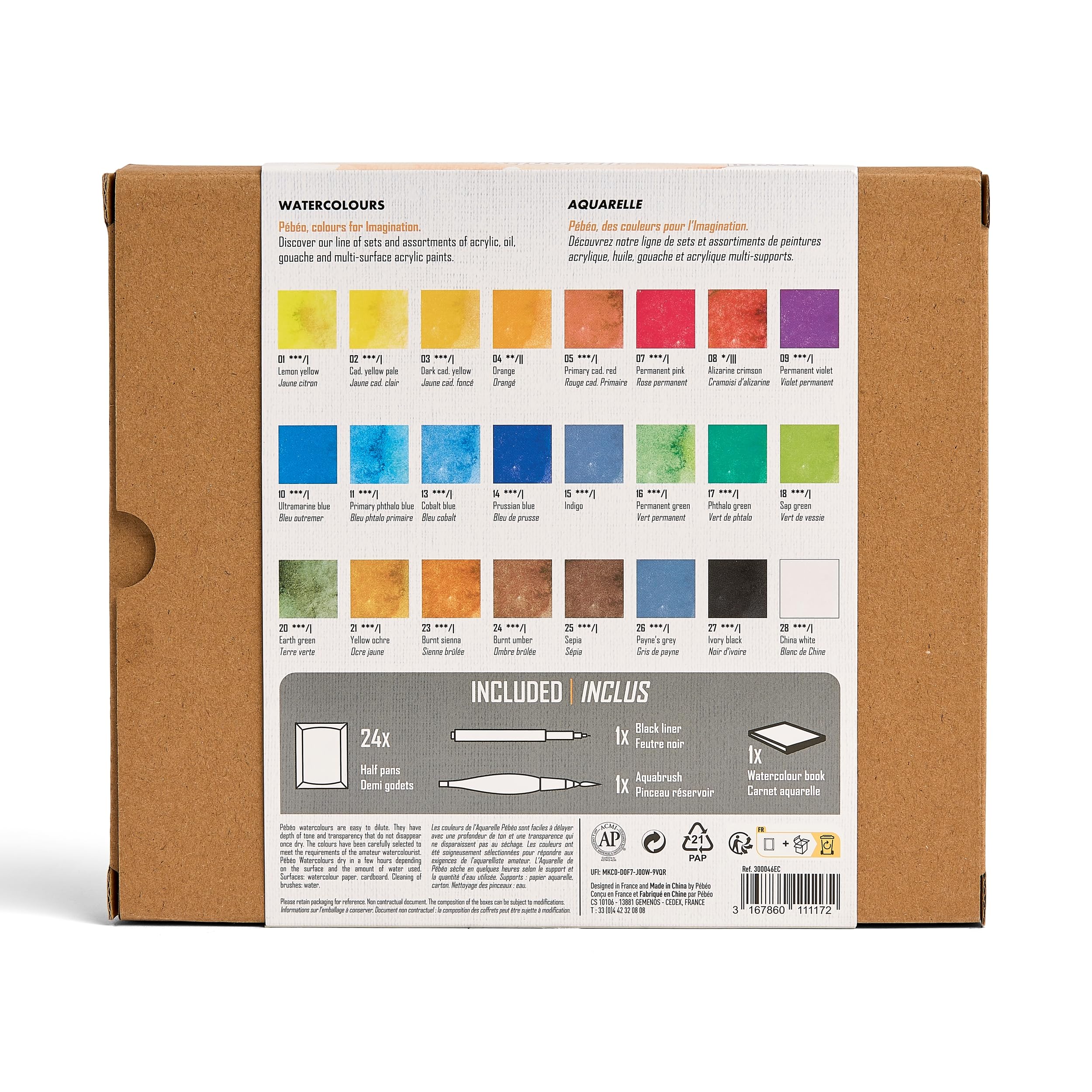 PEBEO - Set 24 Demi Godets Aquarelle + Accessoires + Carnet Papier + Pinceau Réservoir + Feutre Noir - Kit Aquarelle pour Artiste et Débutant - Couleurs Lumineuses