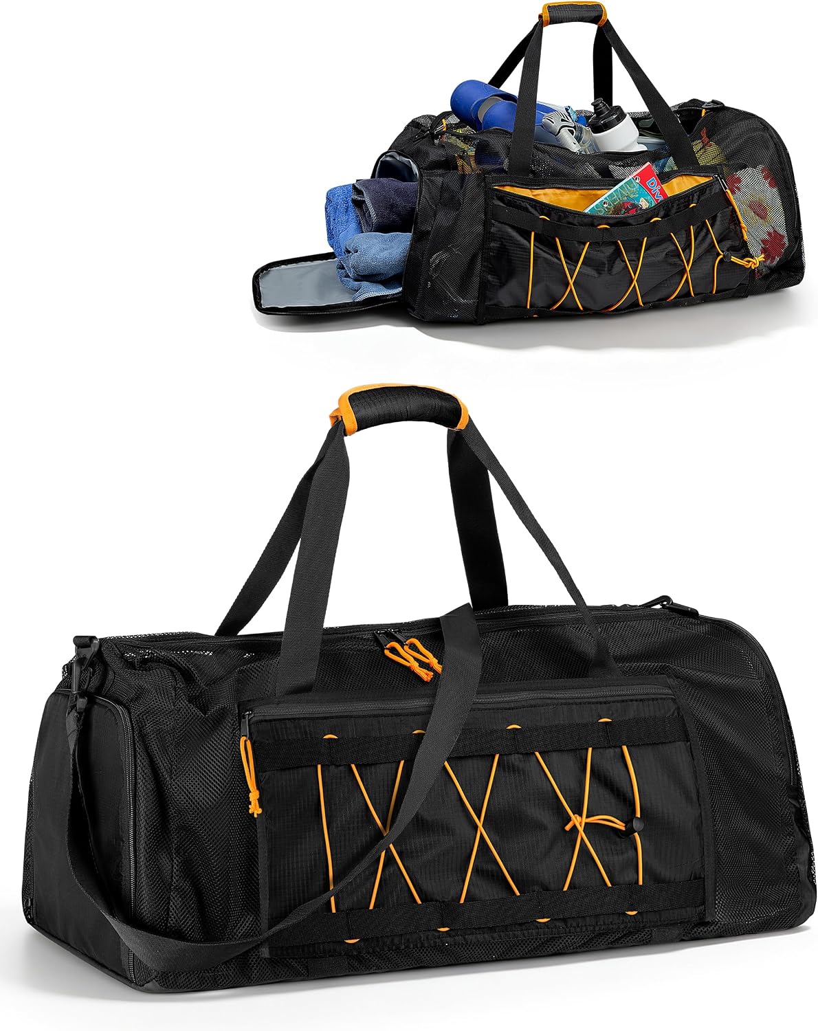 Fasrom 90L Mesh Dive Duffel Bag with Wet/Dry Compartment for Snorkel Gear | Oversized Scuba Diving Bag Holds Mask, Fins and Snorkeling Equipment, for Boat, Beach, Travel and Swimming, Black