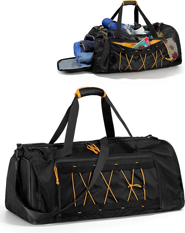 Bolsa de lona para buceo de malla de 90 L con compartimento húmedo/seco para equipo de snorkel | Bolsa de buceo de gran tamaño para máscara, aletas y equipo de snorkel, para barco, playa, viajes y natación, color negro