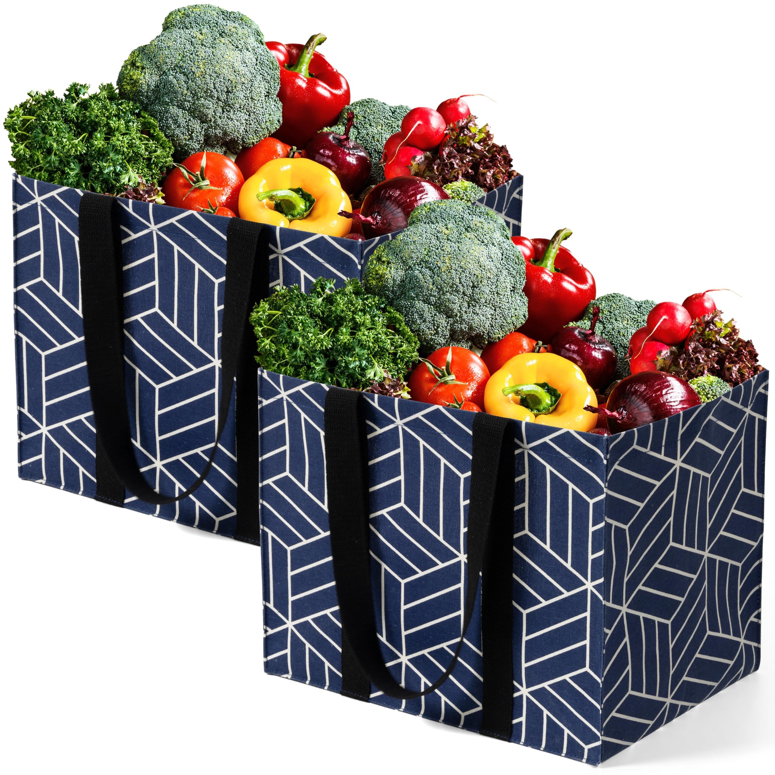 HZZTY BRNY 2 Pack Reusable Grocery Bags, Foldable Shopping Basket, Daily Utility Storage, Reinforced Bottom Handles Waterproof, Navy