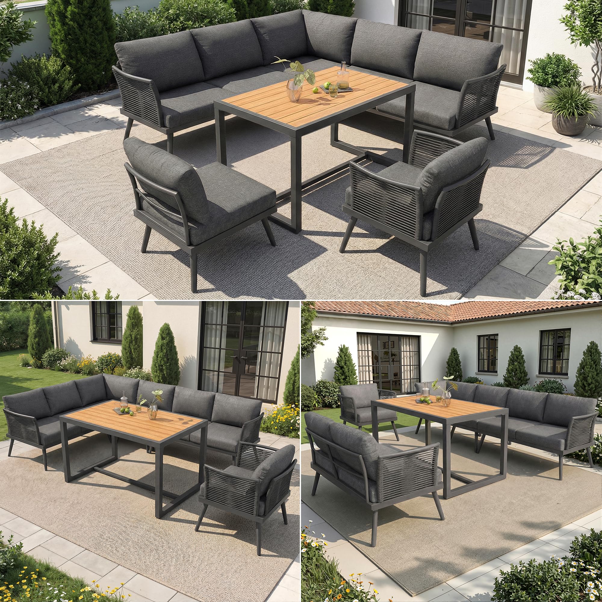 Moimhear Juego de sofá de jardín en forma de L de Siebenpersonen con reposabrazos trenzados, muebles de esquina de hierro resistentes a la intemperie, incluye mesa de centro de madera y sillón, con