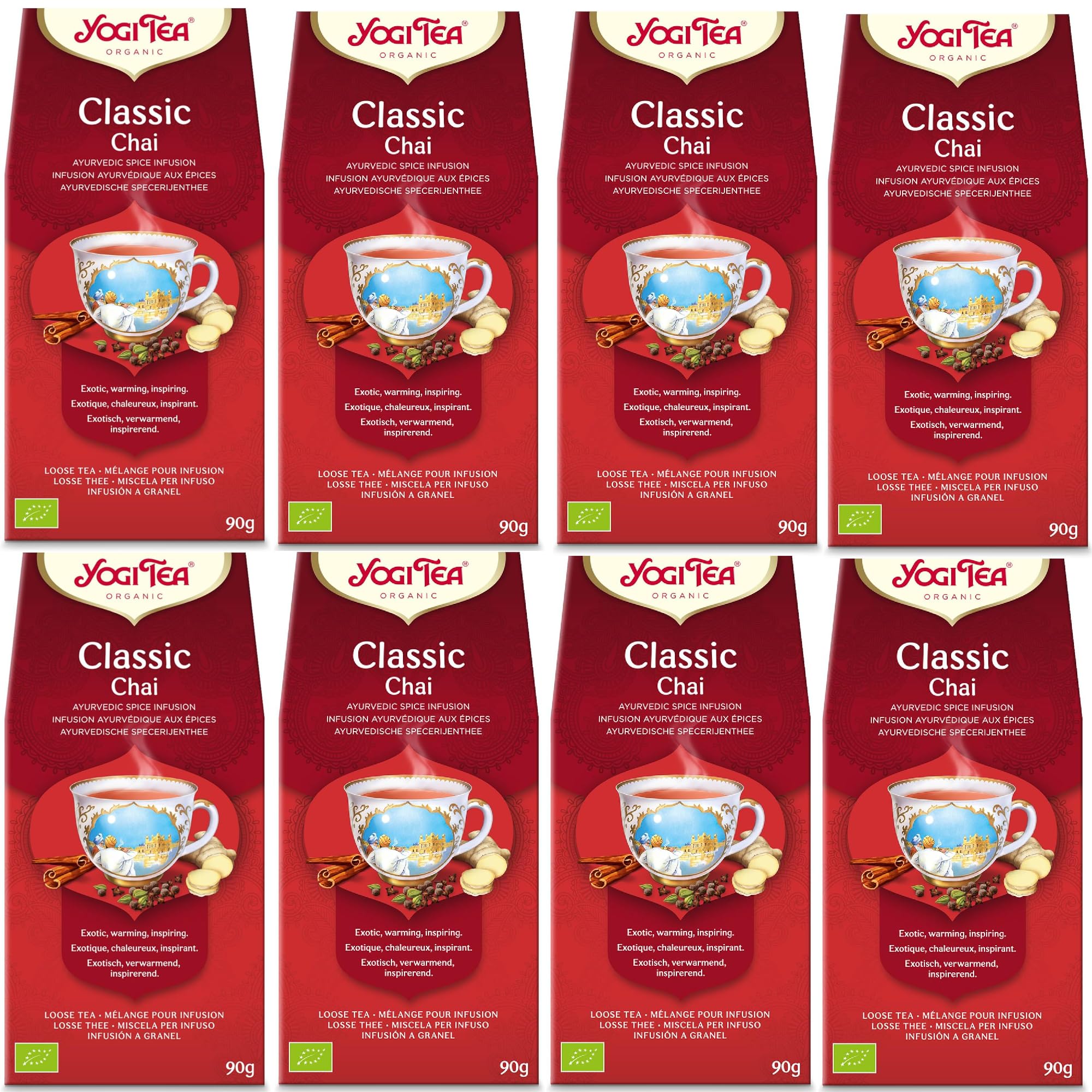 Yogi Tea, Classic Chai, té orgánico de especias y hierbas, sin cafeína, mezcla de canela, cardamomo y jengibre, té suelto, 8 paquetes de 90 g