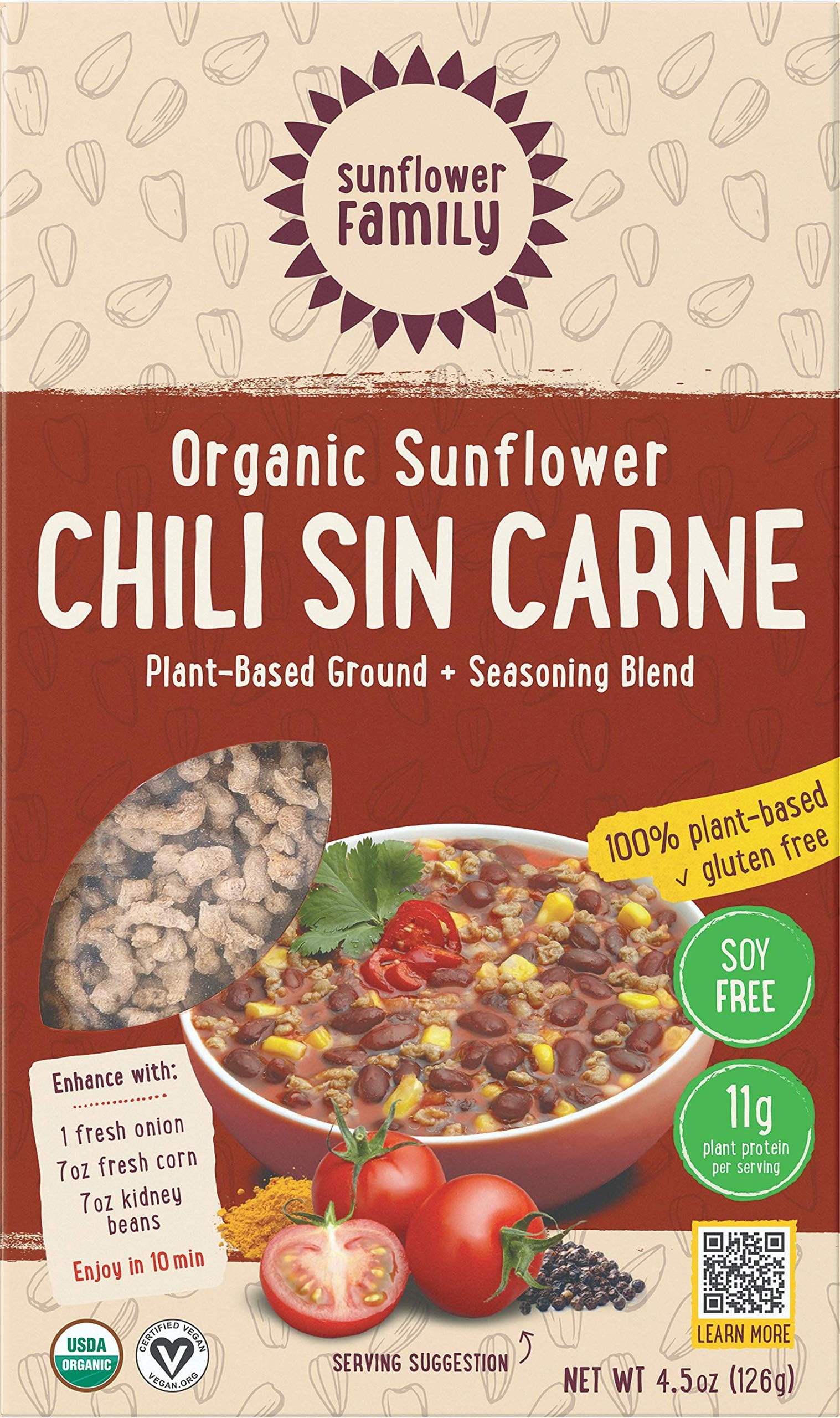 SunflowerFamily® Organic Sunflower Chili Sin Carne - 4.5oz - Plant Based Meat Alternative + Seasoning Blend- Certified Organic, Vegan, Gluten and Soy Free, Sunflower Hache